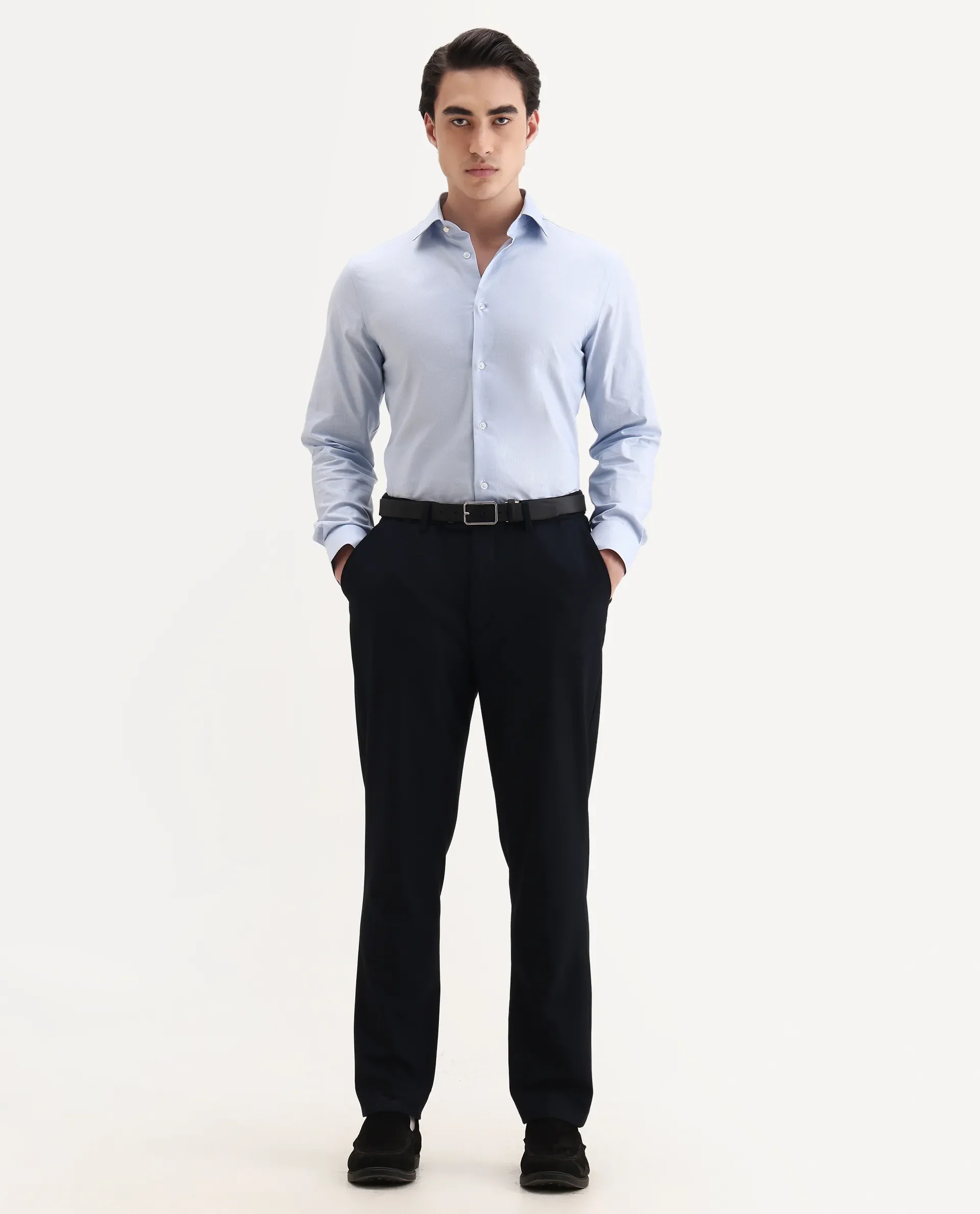 Rare Rabbit Men's Plom Blue Cotton Blend Fabric Collared Neck Regular Fit Plain Shirt - Image 2