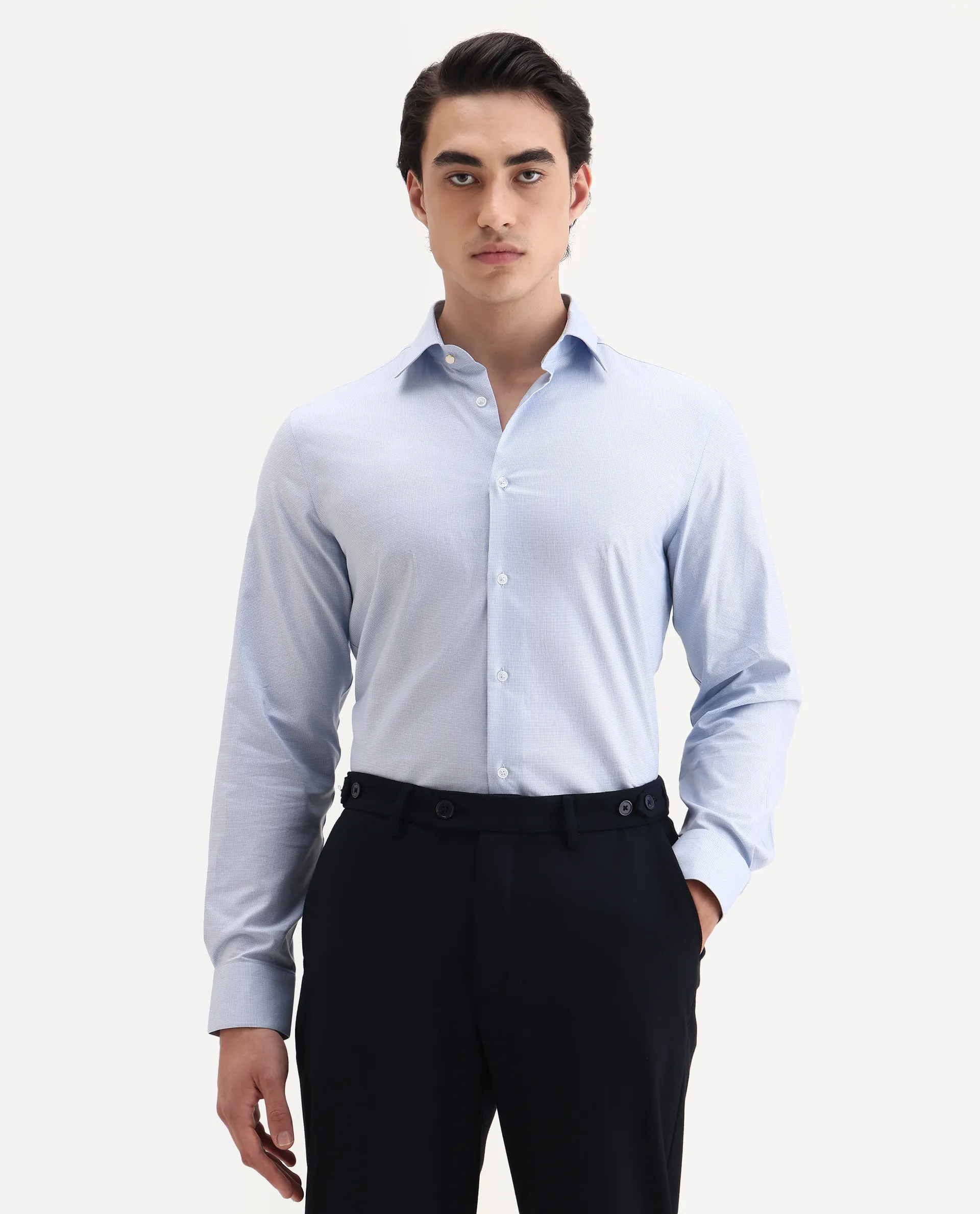 Rare Rabbit Men's Plom Blue Cotton Blend Fabric Collared Neck Regular Fit Plain Shirt - Image 4