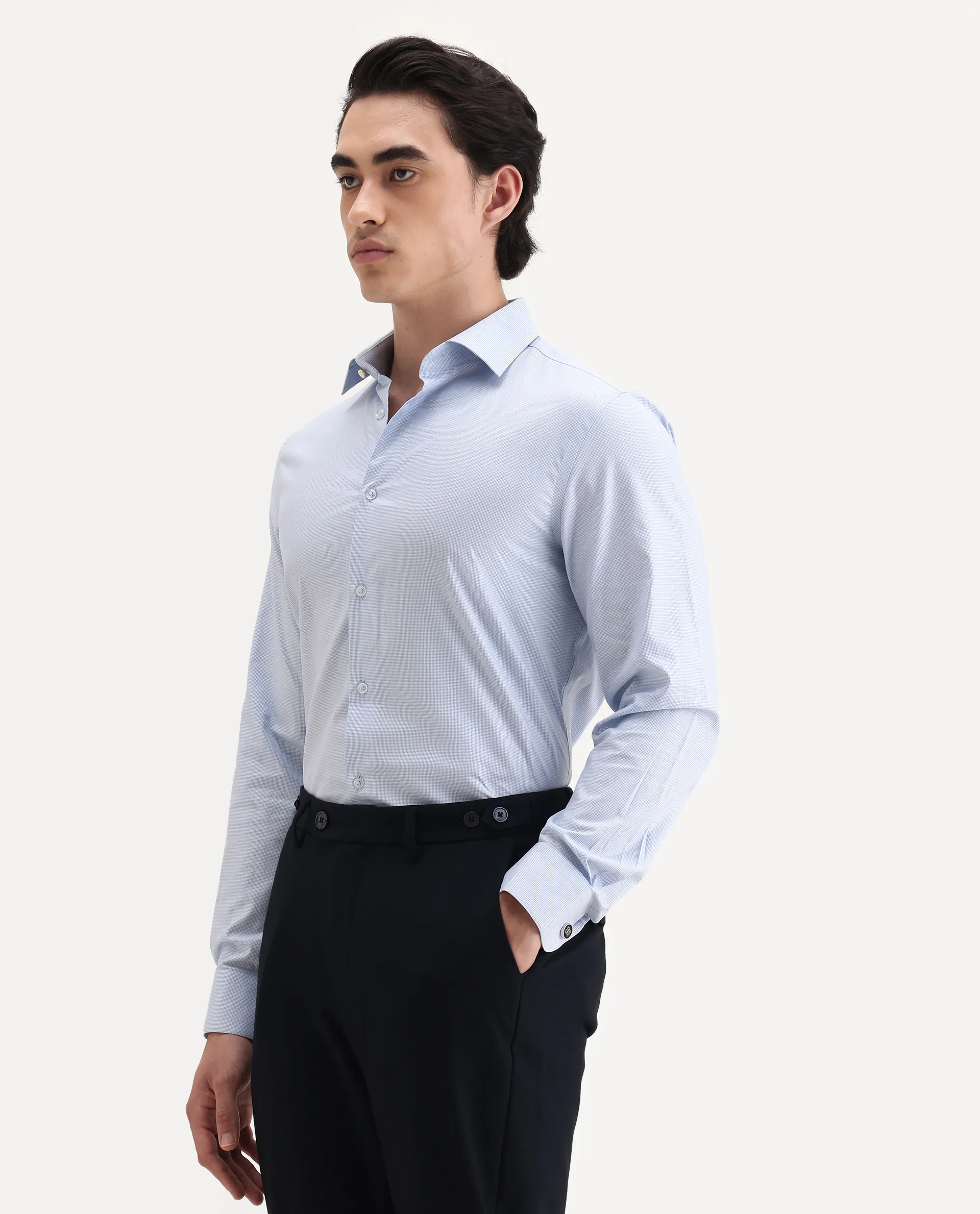 Rare Rabbit Men's Plom Blue Cotton Blend Fabric Collared Neck Regular Fit Plain Shirt - Image 5