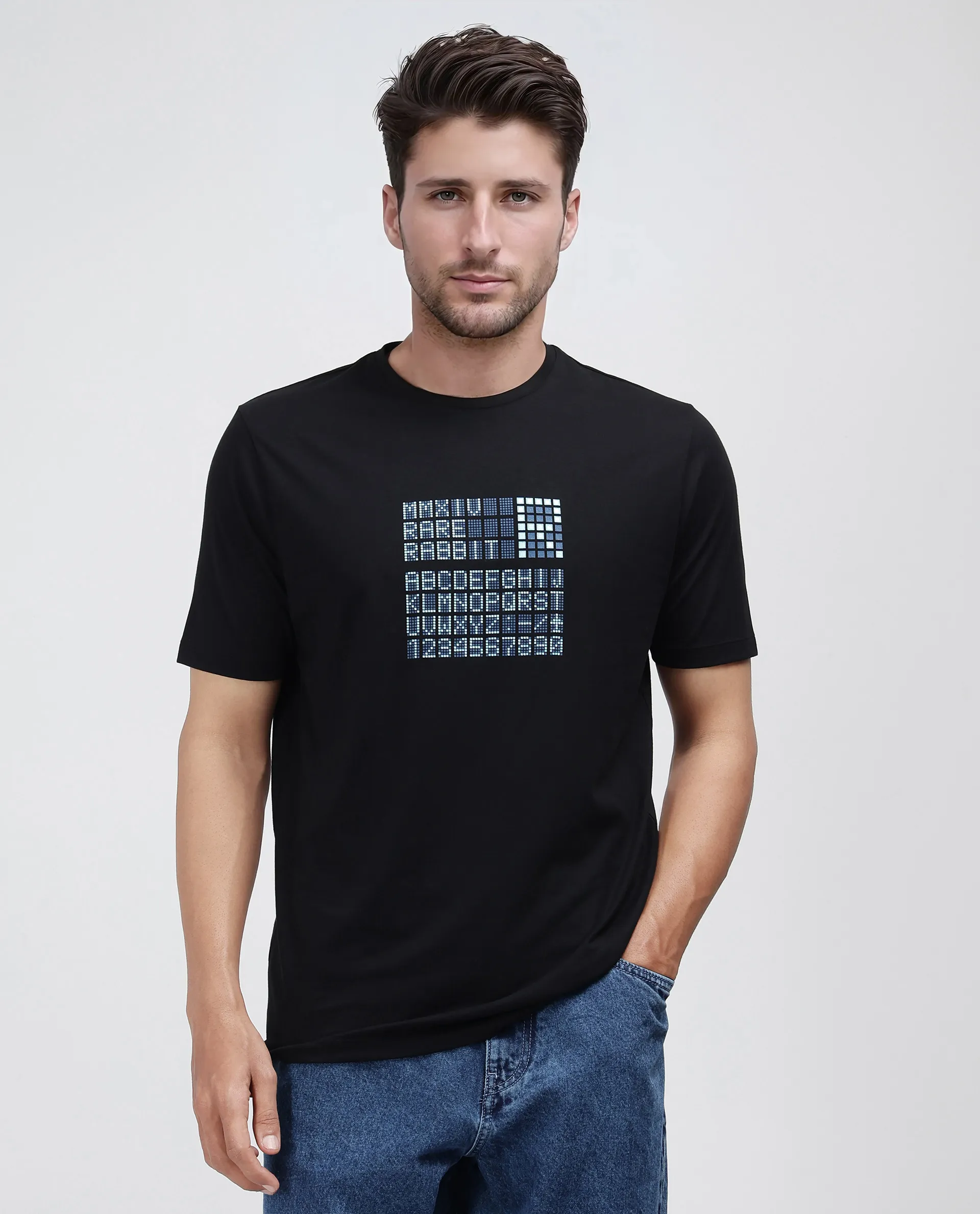 Rare Rabbit Men's Pol Black Cotton Graphic Print Regular Fit Half Sleeve Crew Neck T-Shirt - Image 2