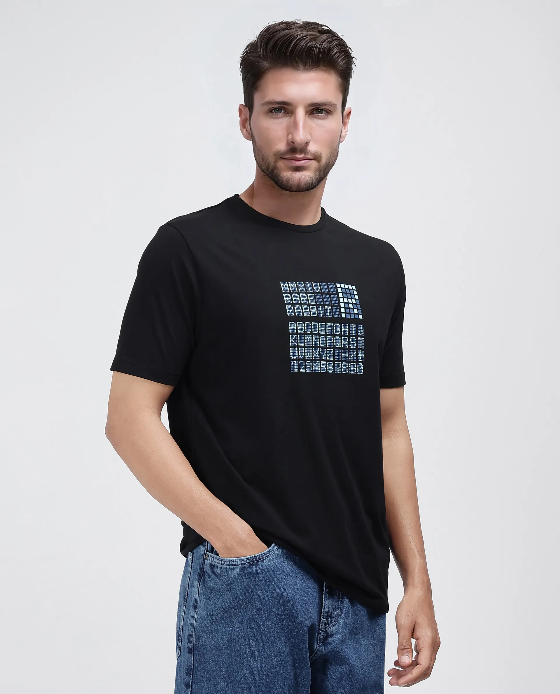 Rare Rabbit Men's Pol Black Cotton Graphic Print Regular Fit Half Sleeve Crew Neck T-Shirt - Image 5