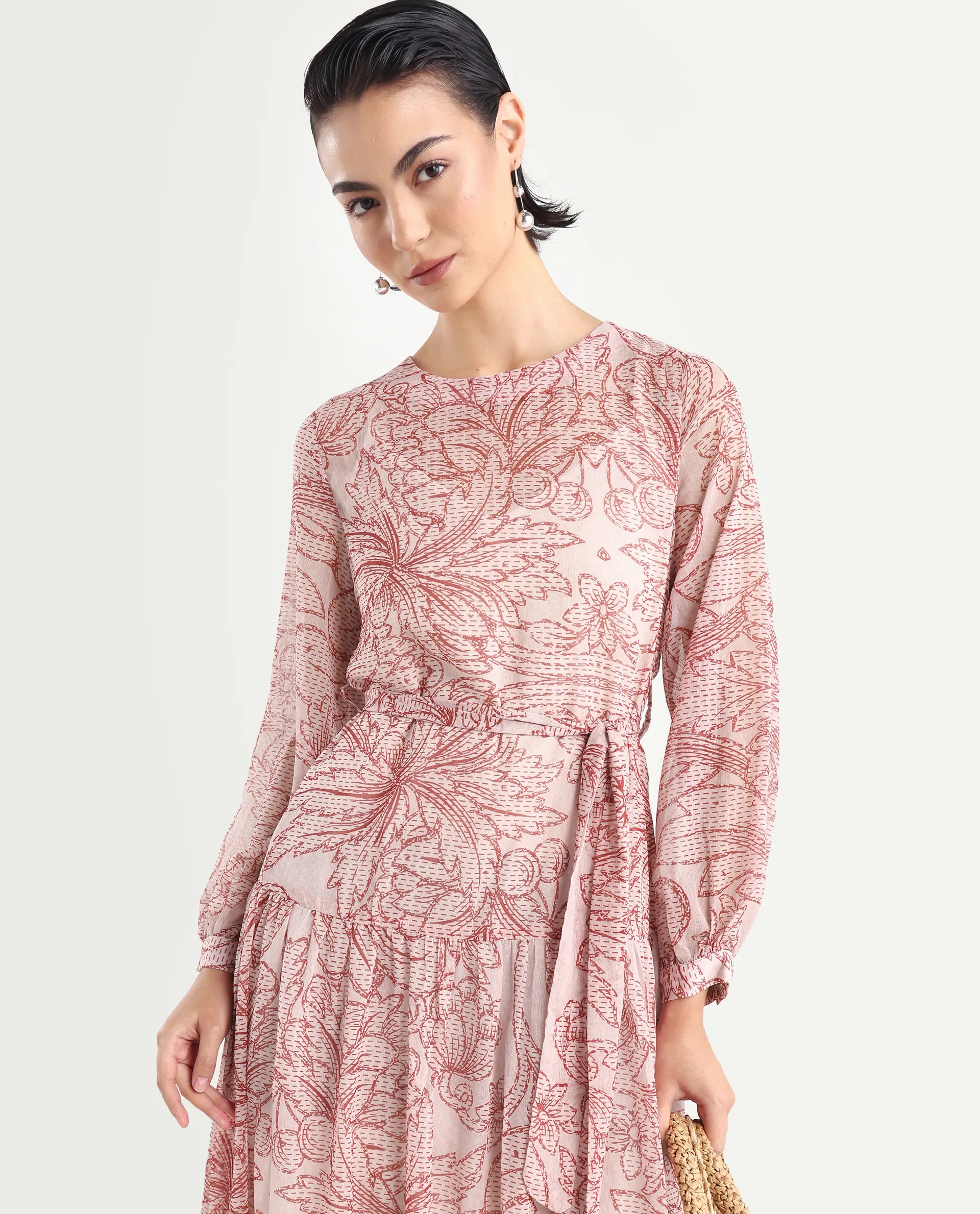 Rareism Women's Polima Multi Cotton Round Neck Abstract Print Bishop Sleeve Midi Flared Dress