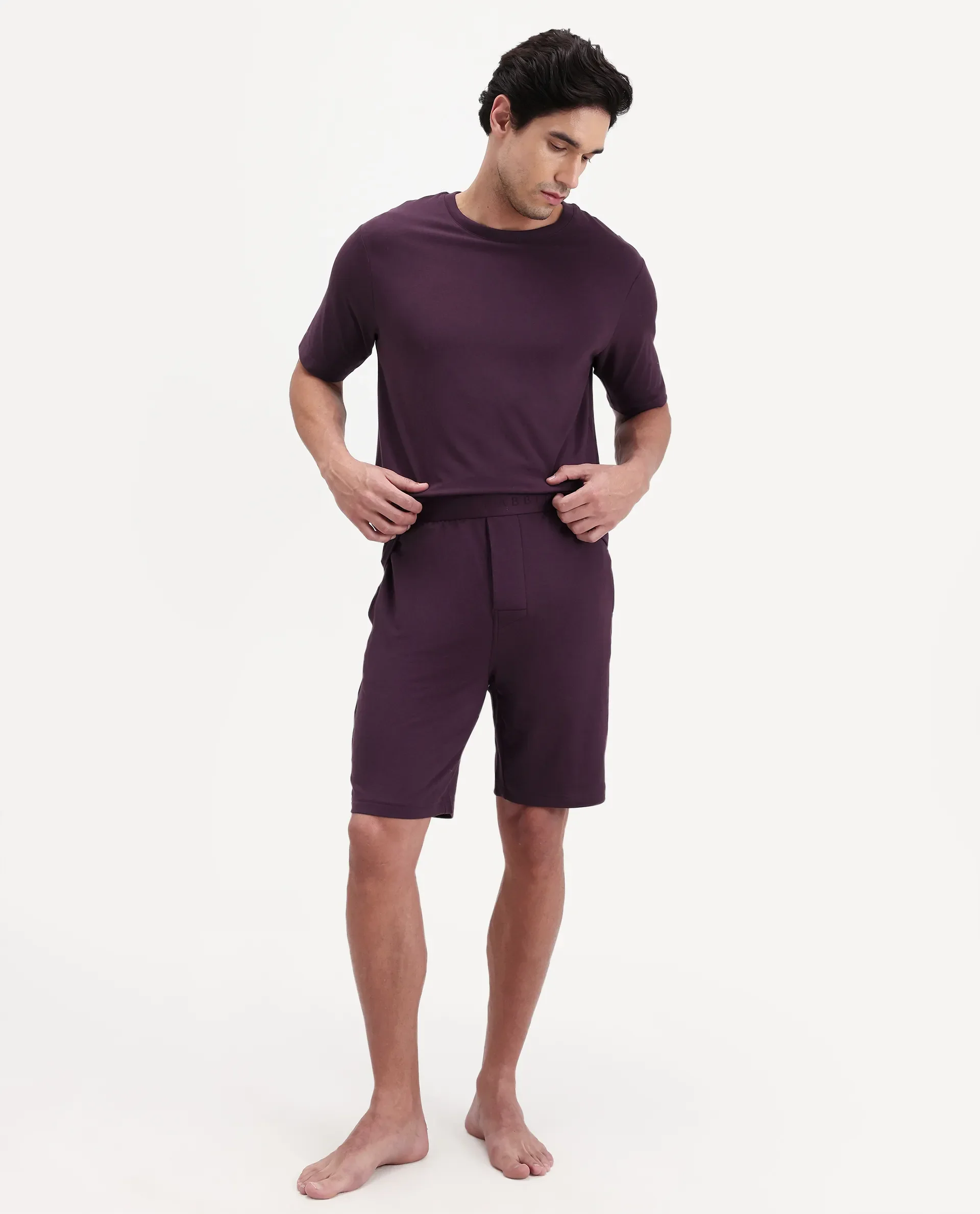 Rare Rabbit Men's Pont Maroon Cotton Blend Fabric Relaxed Fit Plain Stretchable Shorts