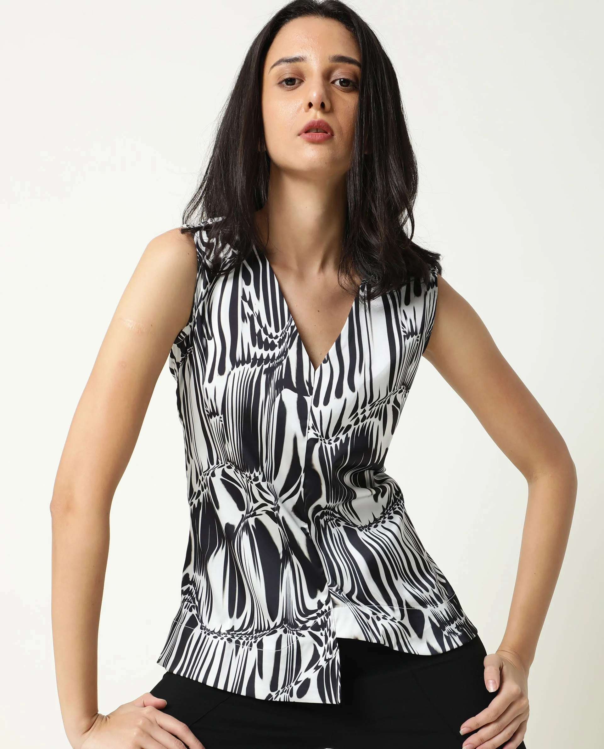 Rareism Women's Portal Black Modal Blend V-Neck Abstract Print Sleeveless Regular Fit Top