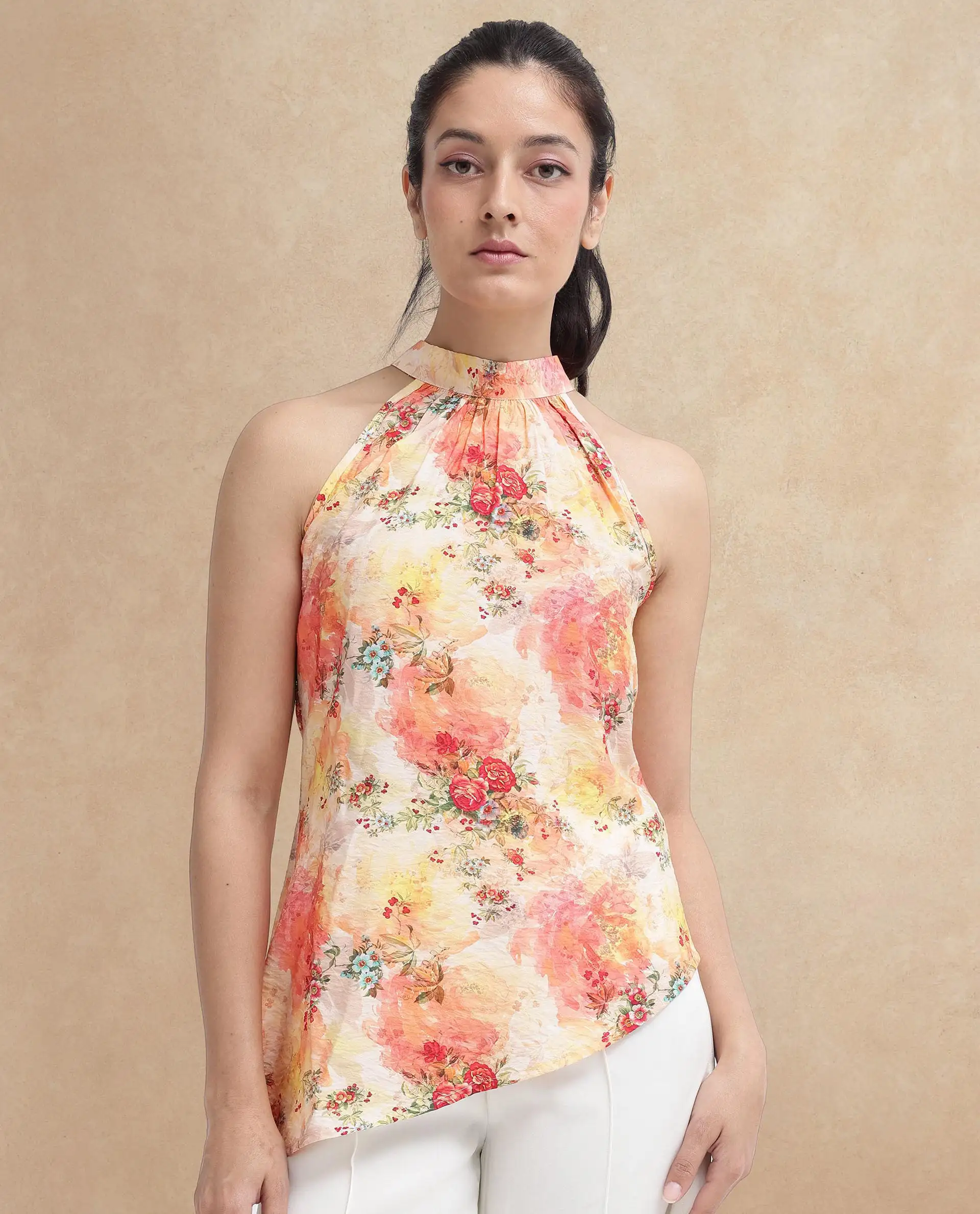 Rareism Women's Potenza Pastel Multi Nylon Blend Halter Neck Floral Print Sleeveless Regular Fit Top