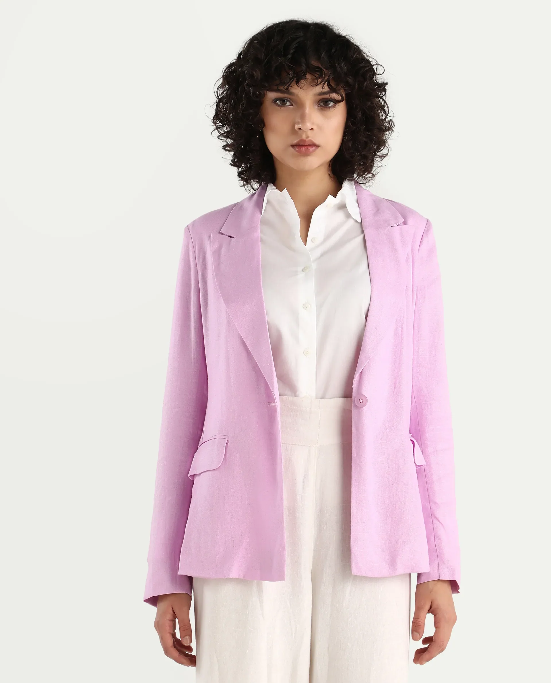 Rareism Women's Precy Pink Linen Lapel Neck Plain Regular Fit Blazer - Image 5