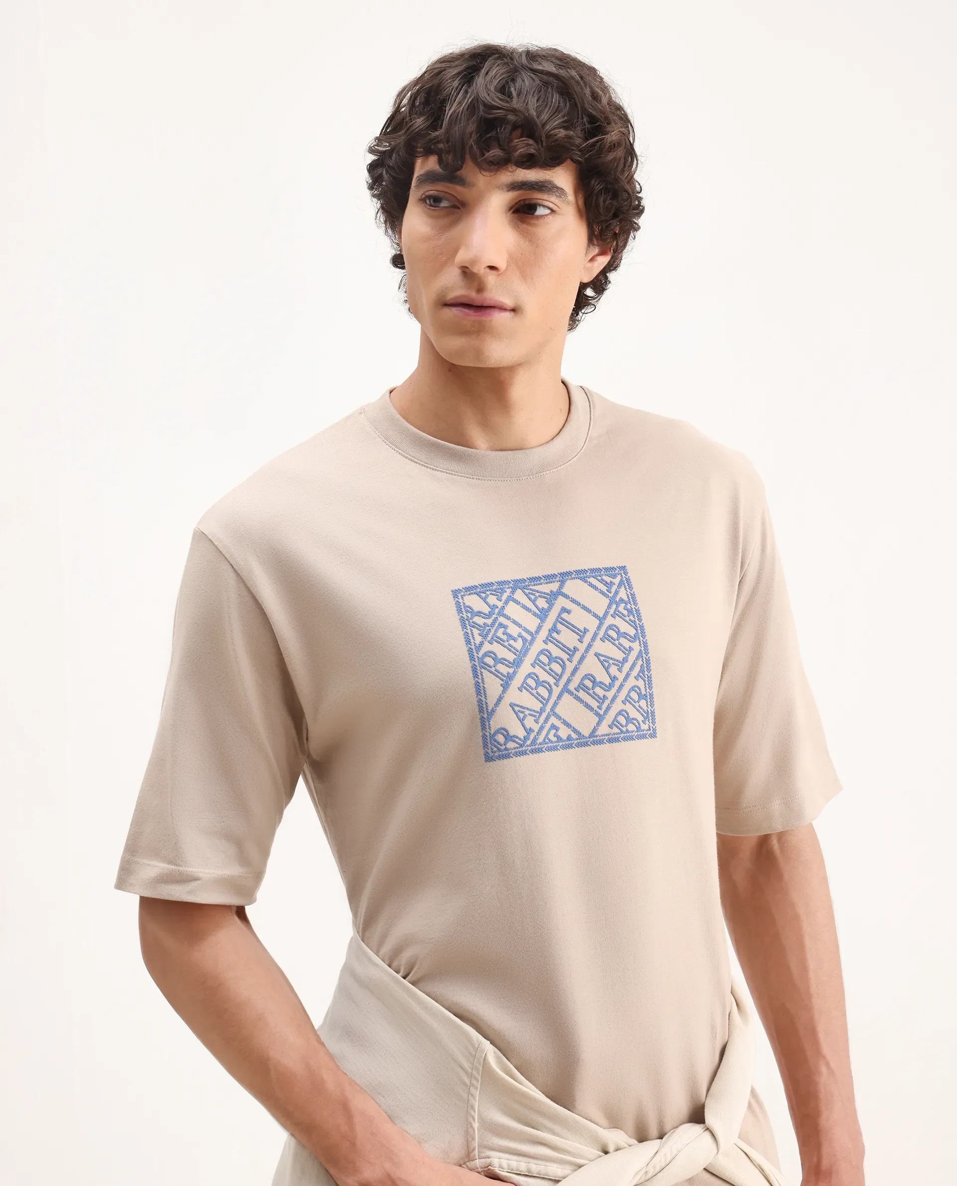 Rare Rabbit Men's Pree Beige Cotton Embroidered Regular Fit Half Sleeve Crew Neck T-Shirt
