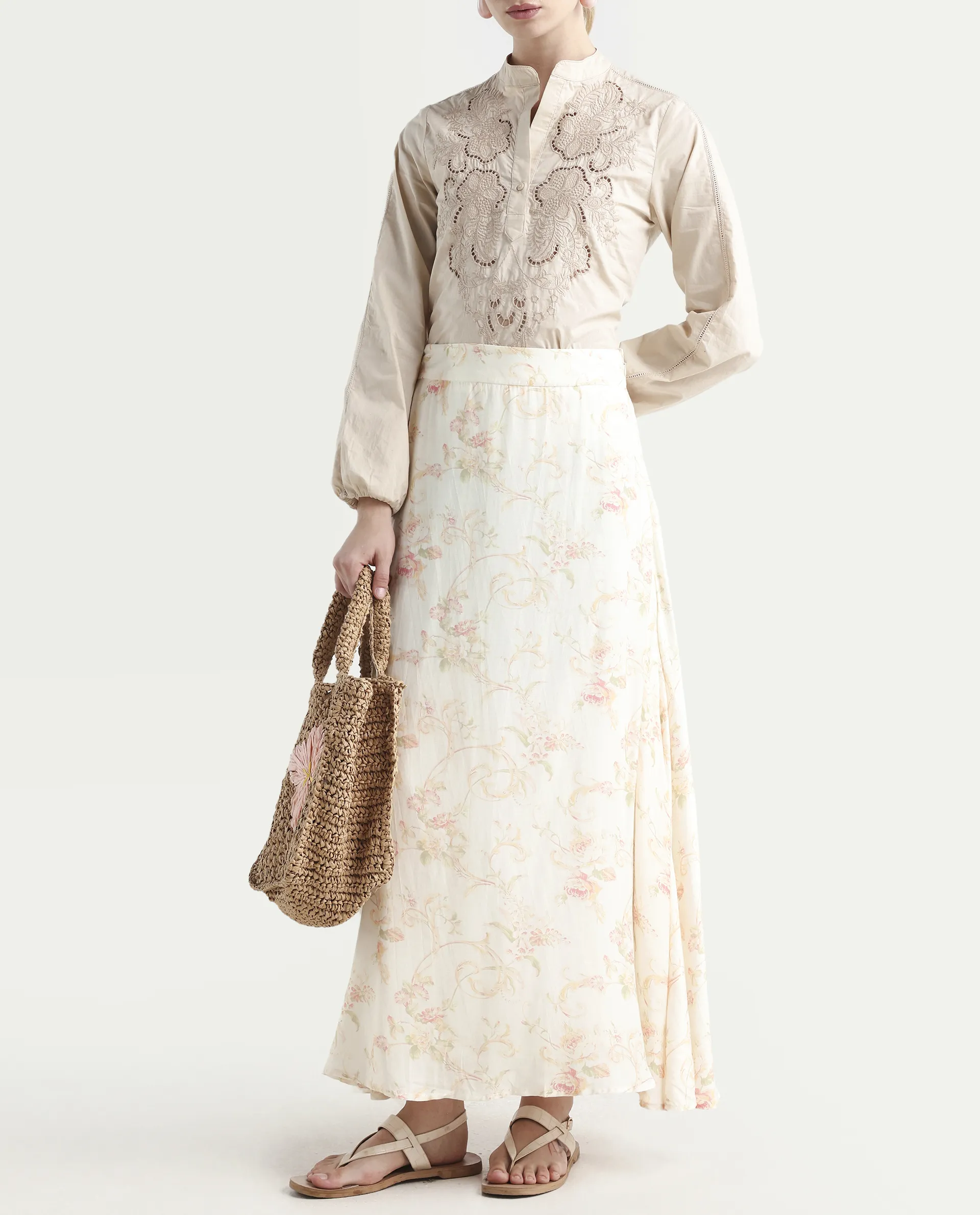 Rareism Women's Prelio Off White Viscose Blend Floral Print Maxi A-Line Skirt - Image 2