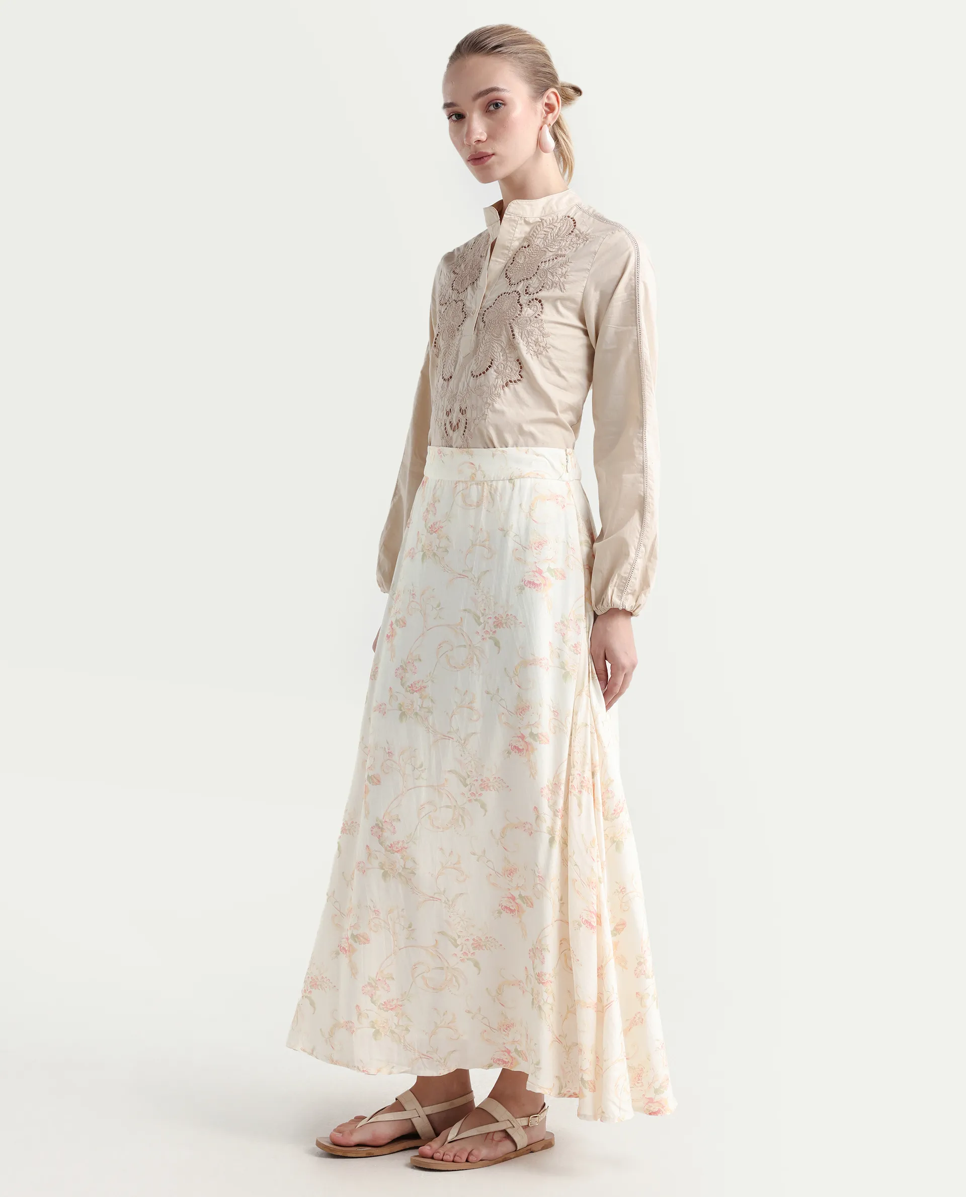 Rareism Women's Prelio Off White Viscose Blend Floral Print Maxi A-Line Skirt - Image 5