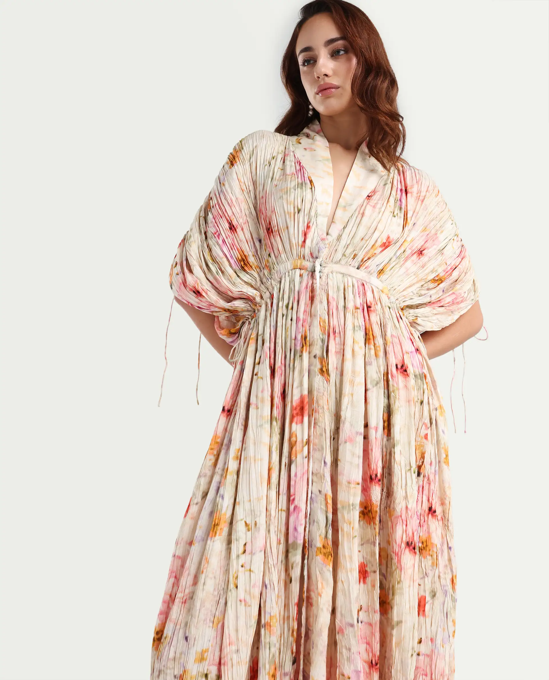 Rareism Women's Prenok Multi Viscose V-Neck Floral Print Kimono Sleeve Maxi Straight Fit Dress - Image 2