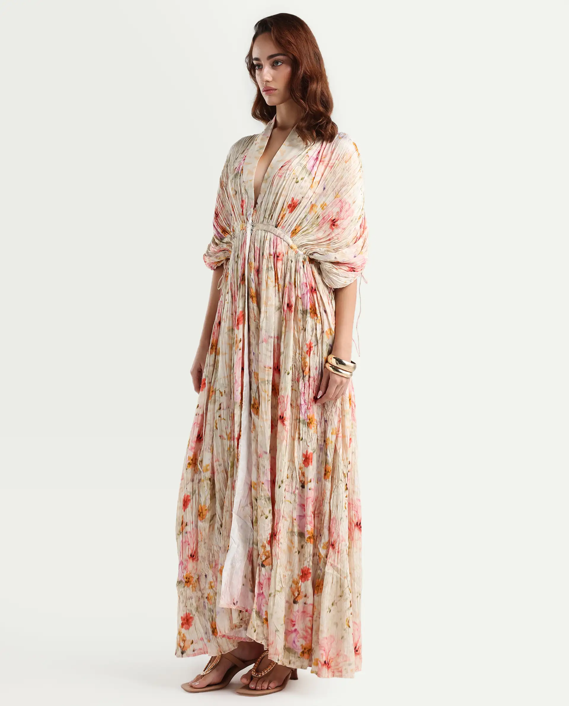 Rareism Women's Prenok Multi Viscose V-Neck Floral Print Kimono Sleeve Maxi Straight Fit Dress - Image 5