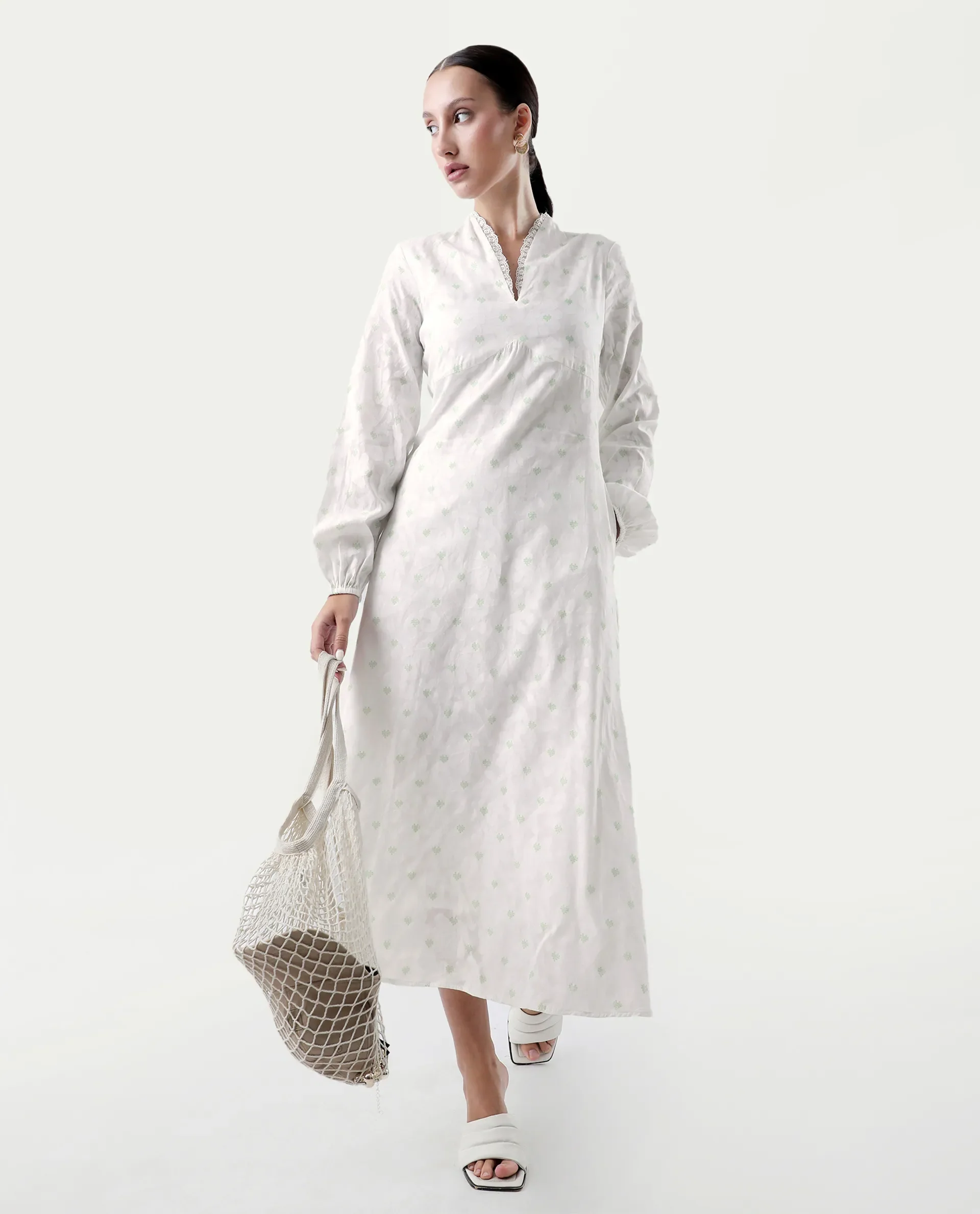 Rareism Women's Prento White Cotton V-Neck Plain Bishop Sleeve Midi Flared Dress