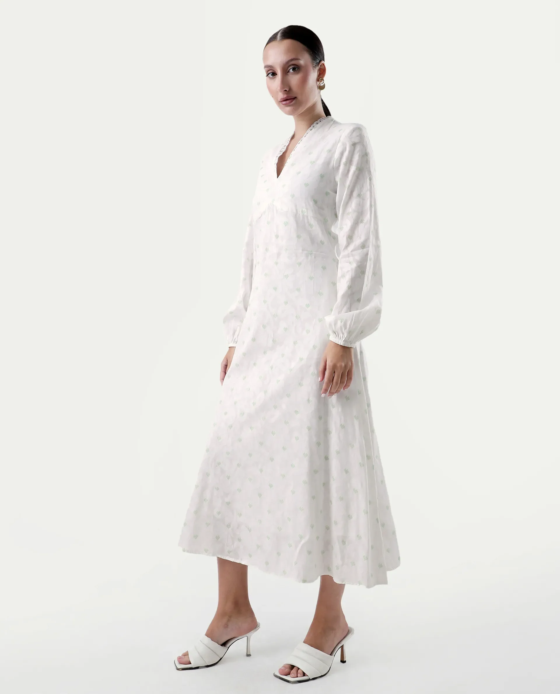 Rareism Women's Prento White Cotton V-Neck Plain Bishop Sleeve Midi Flared Dress - Image 3