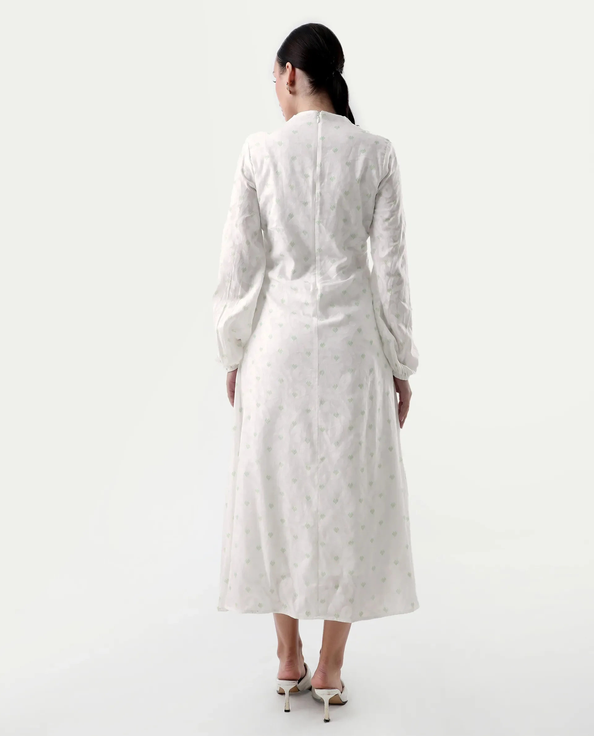 Rareism Women's Prento White Cotton V-Neck Plain Bishop Sleeve Midi Flared Dress - Image 5
