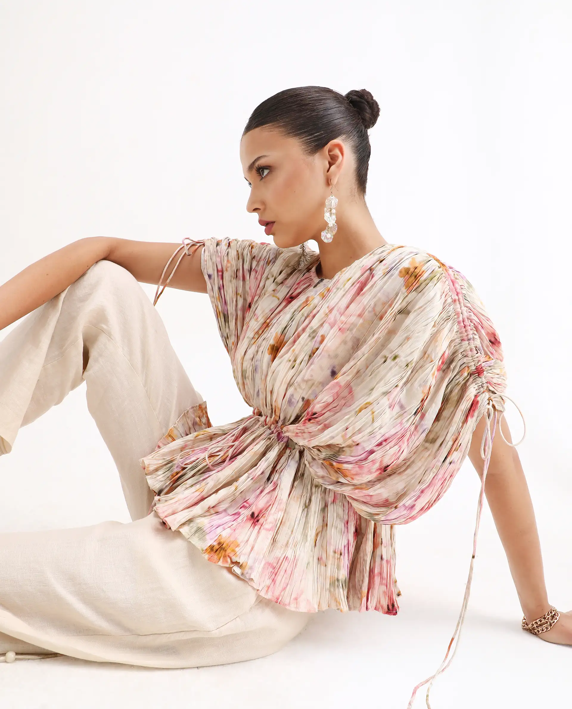 Rareism Women's Prepo Multi Viscose Round Neck Floral Print Kimono Sleeve Relaxed Fit Top