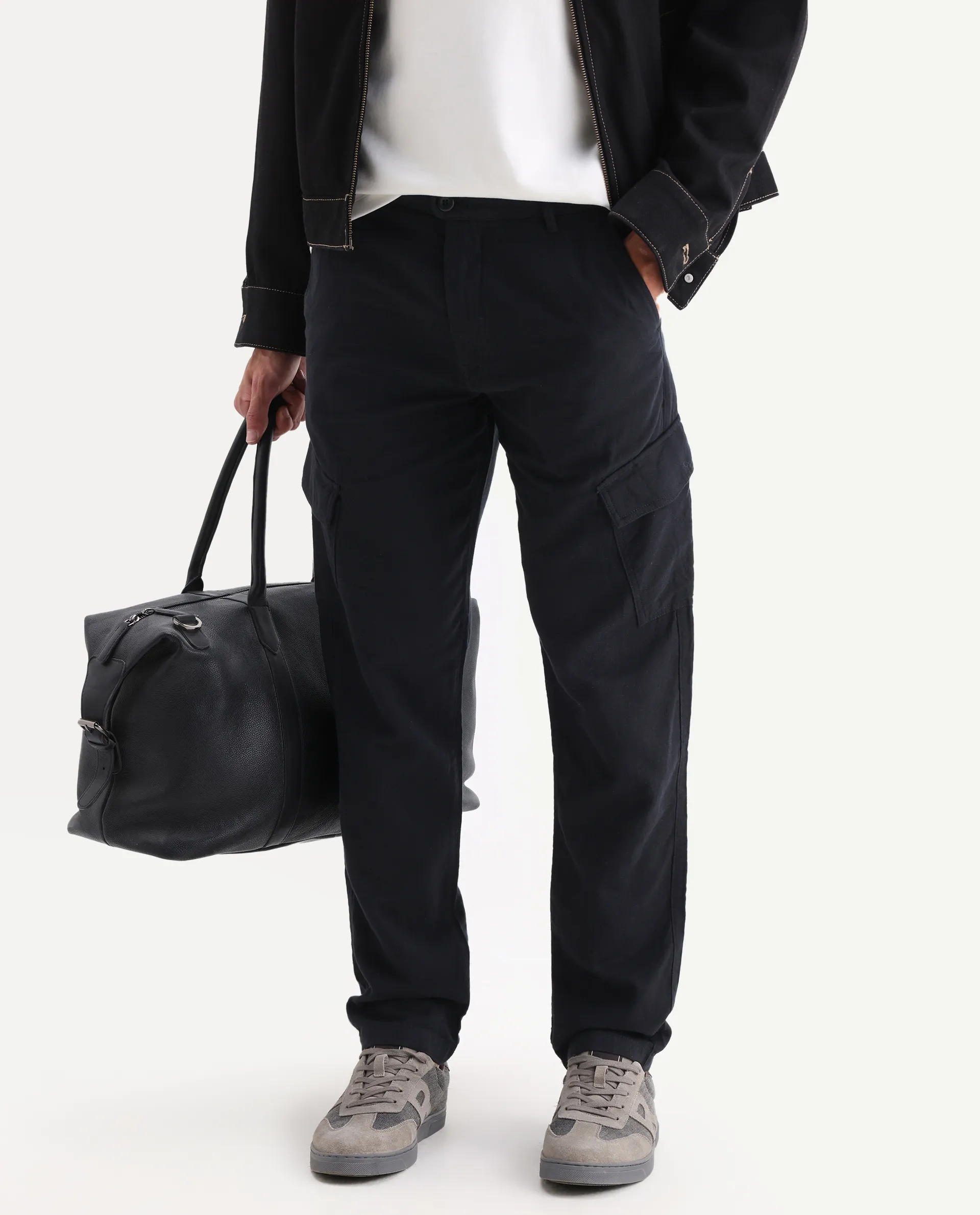 Rare Rabbit Men's Presso 25 Black Cotton Blend Plain Relaxed Fit Trouser - Image 2