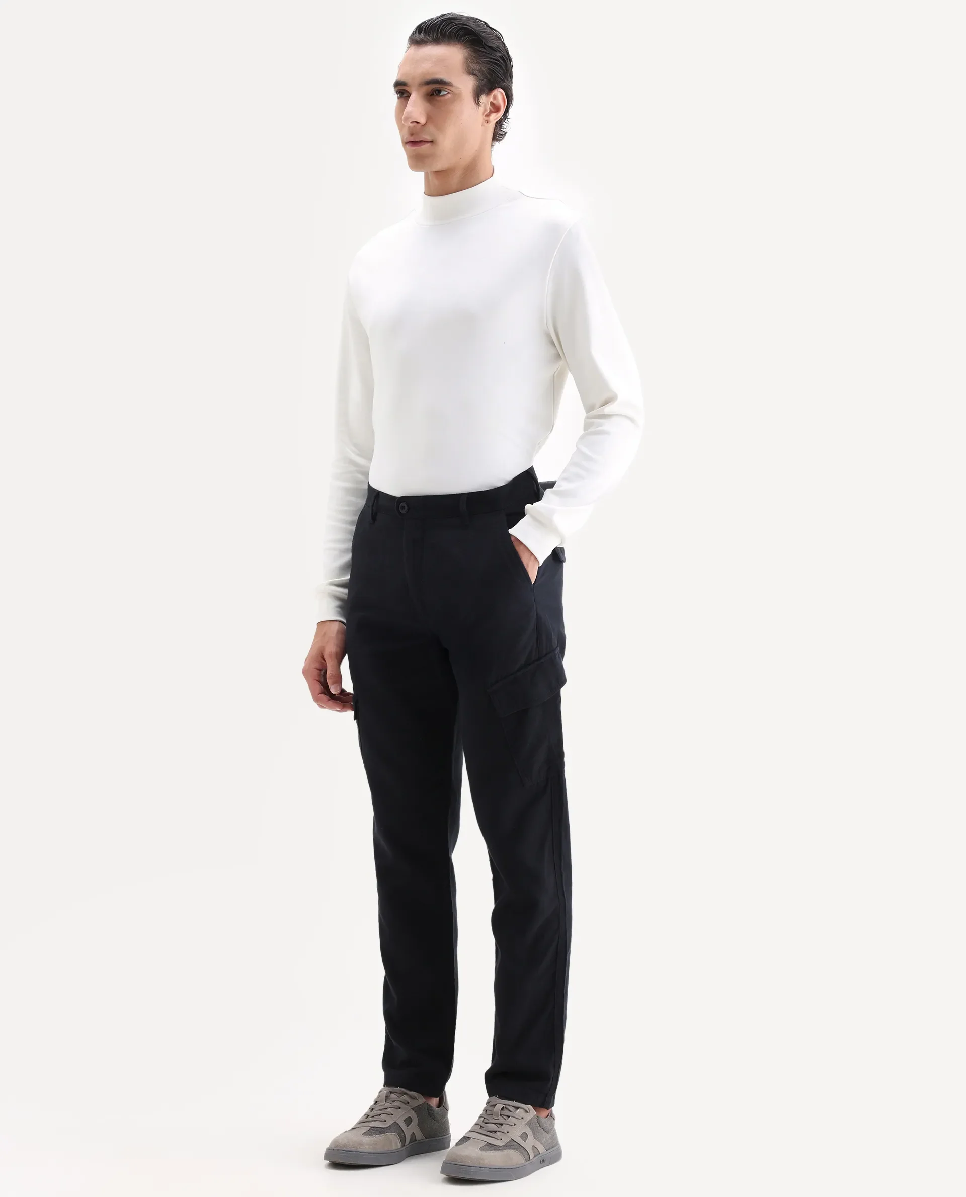 Rare Rabbit Men's Presso 25 Black Cotton Blend Plain Relaxed Fit Trouser - Image 3