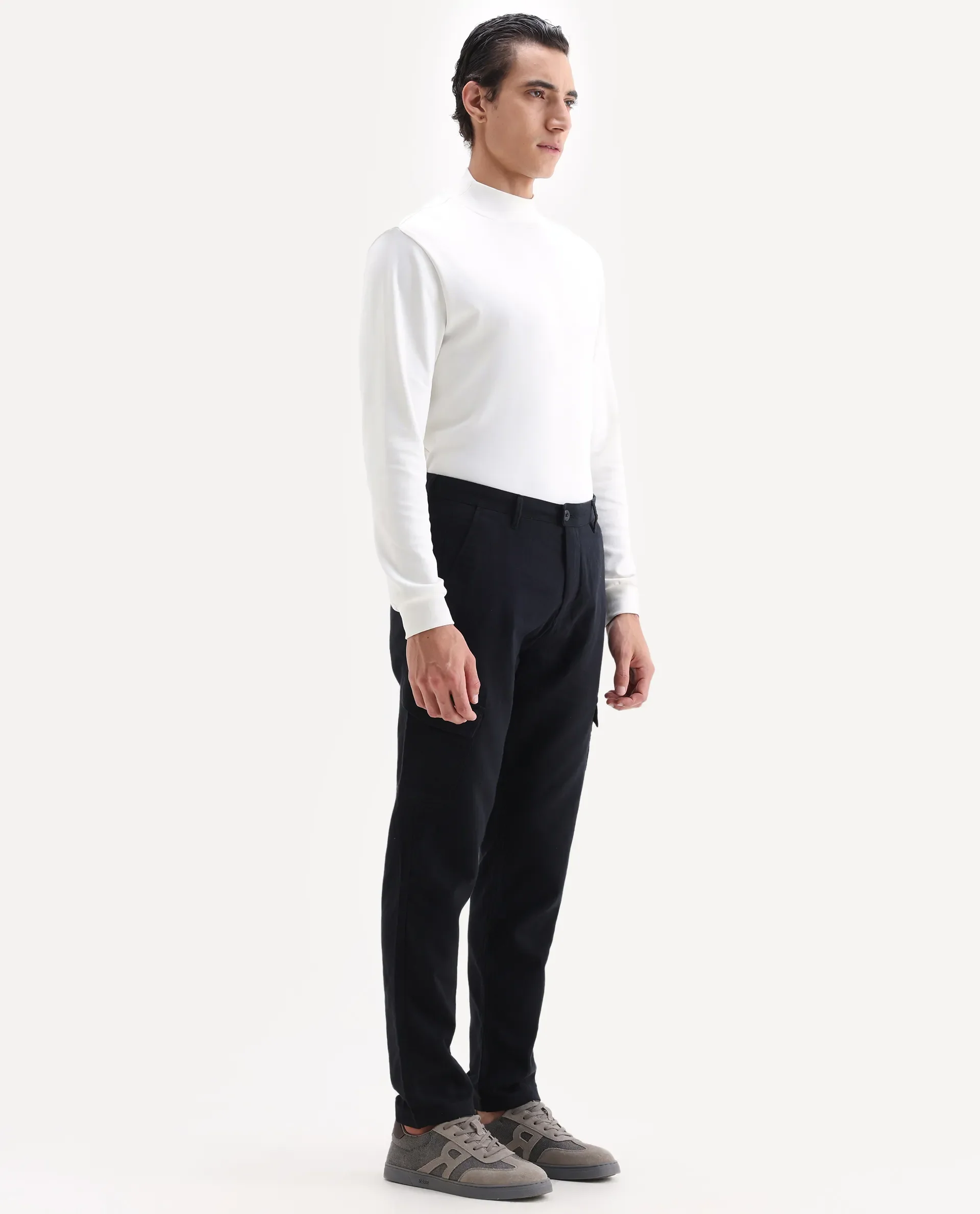 Rare Rabbit Men's Presso 25 Black Cotton Blend Plain Relaxed Fit Trouser - Image 4