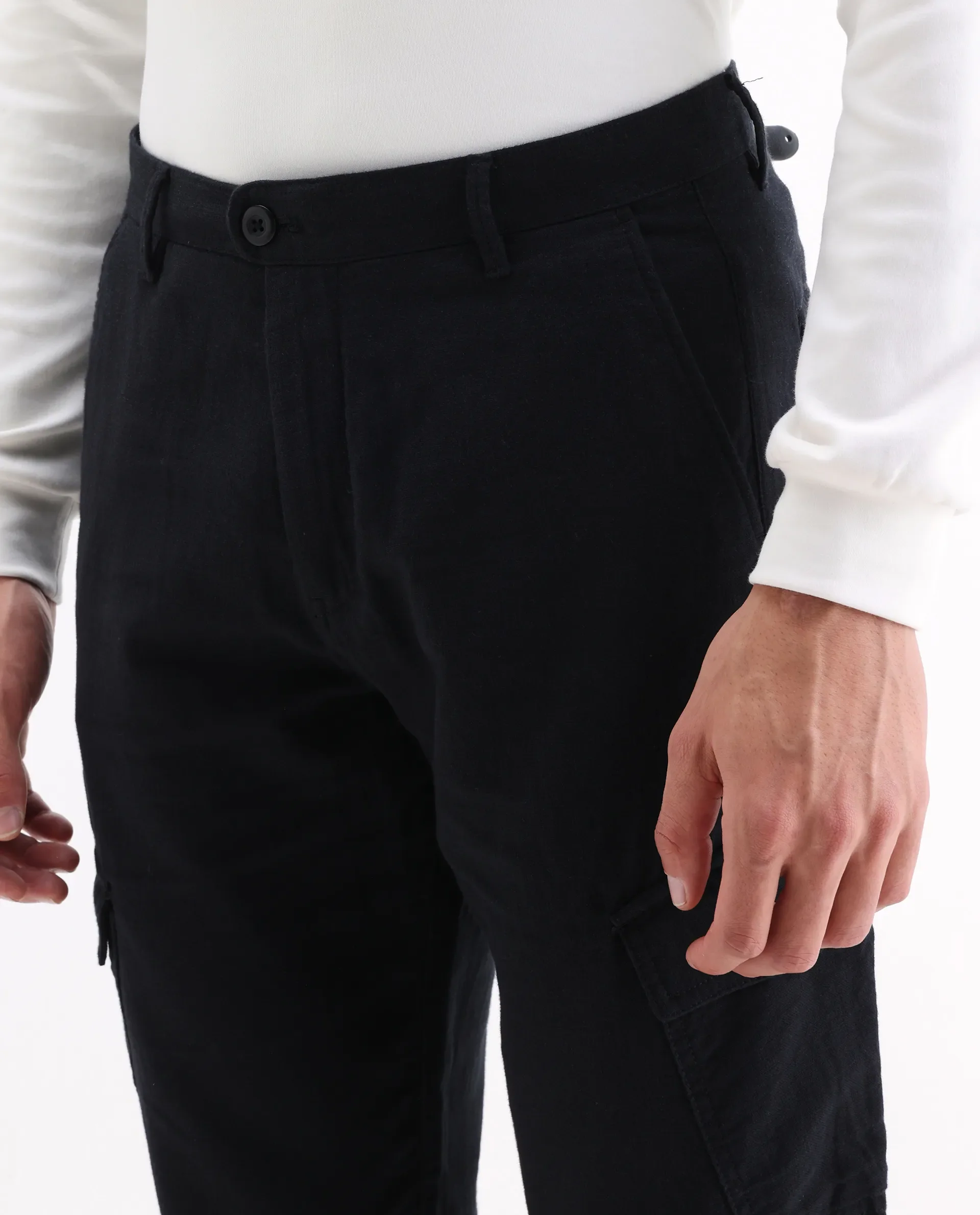Rare Rabbit Men's Presso 25 Black Cotton Blend Plain Relaxed Fit Trouser - Image 5