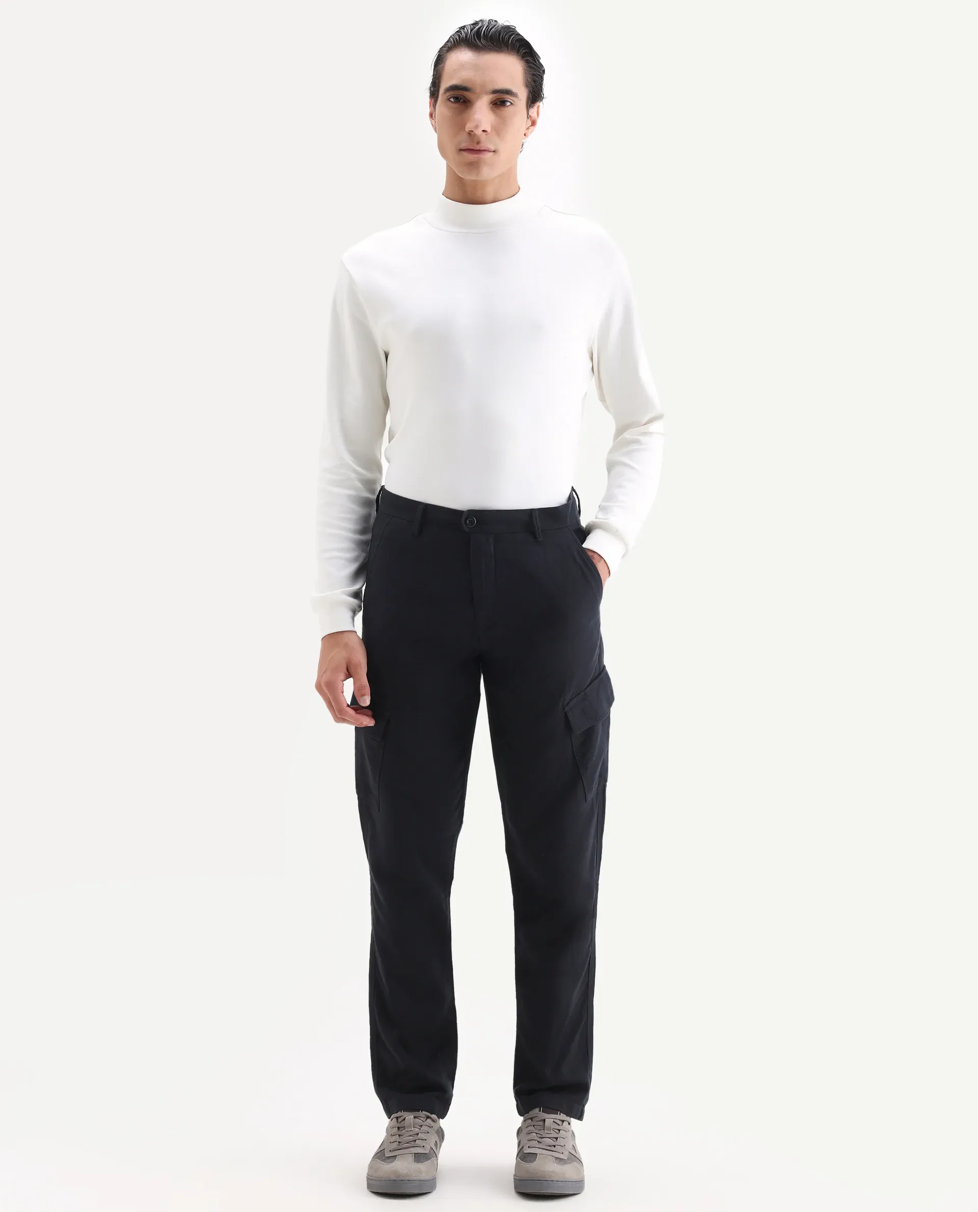 Rare Rabbit Men's Presso 25 Black Cotton Blend Plain Relaxed Fit Trouser - Image 7