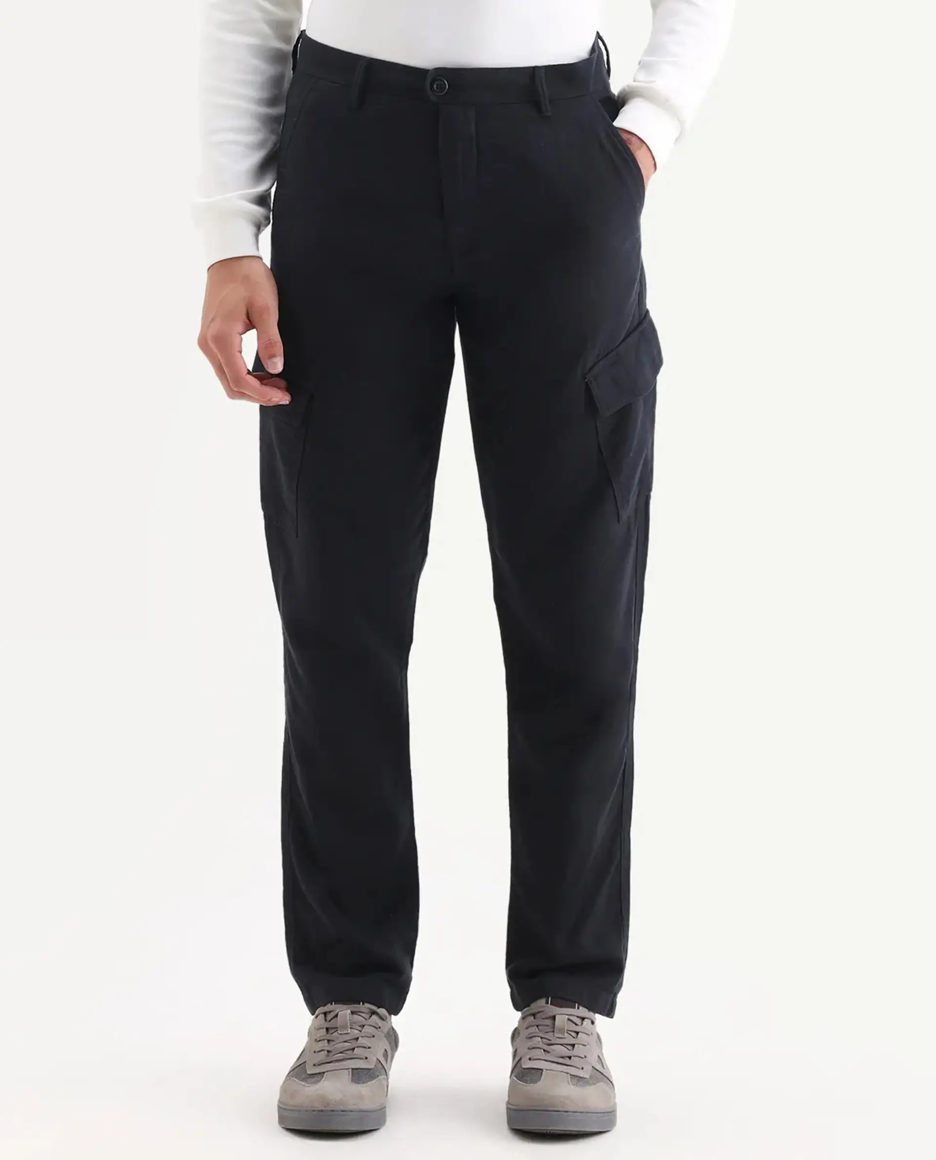 Rare Rabbit Men's Presso 25 Black Cotton Blend Plain Relaxed Fit Trouser - Image 9