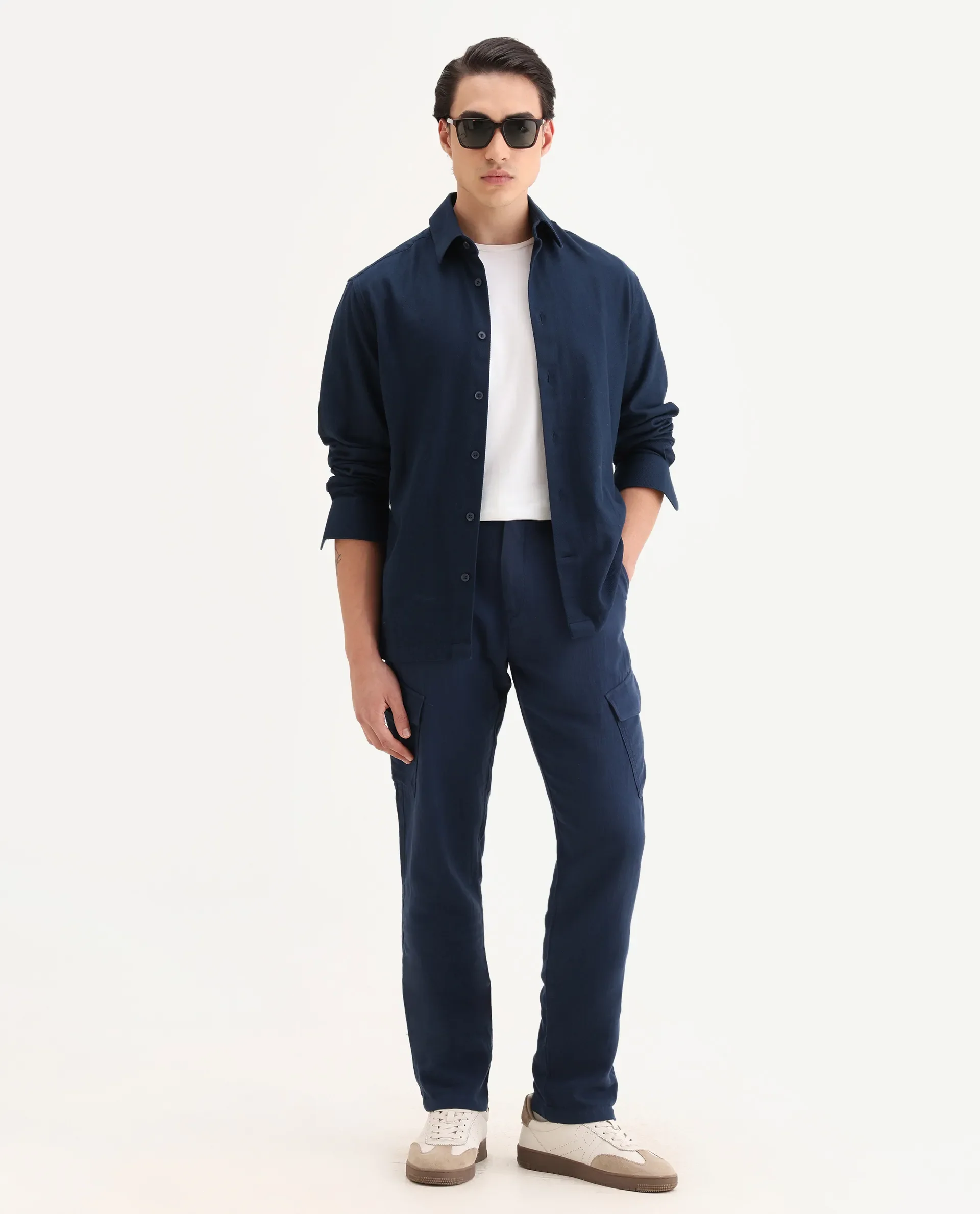 Rare Rabbit Men's Presso-25 Dusky Blue Cotton Blend Plain Relaxed Fit Trouser