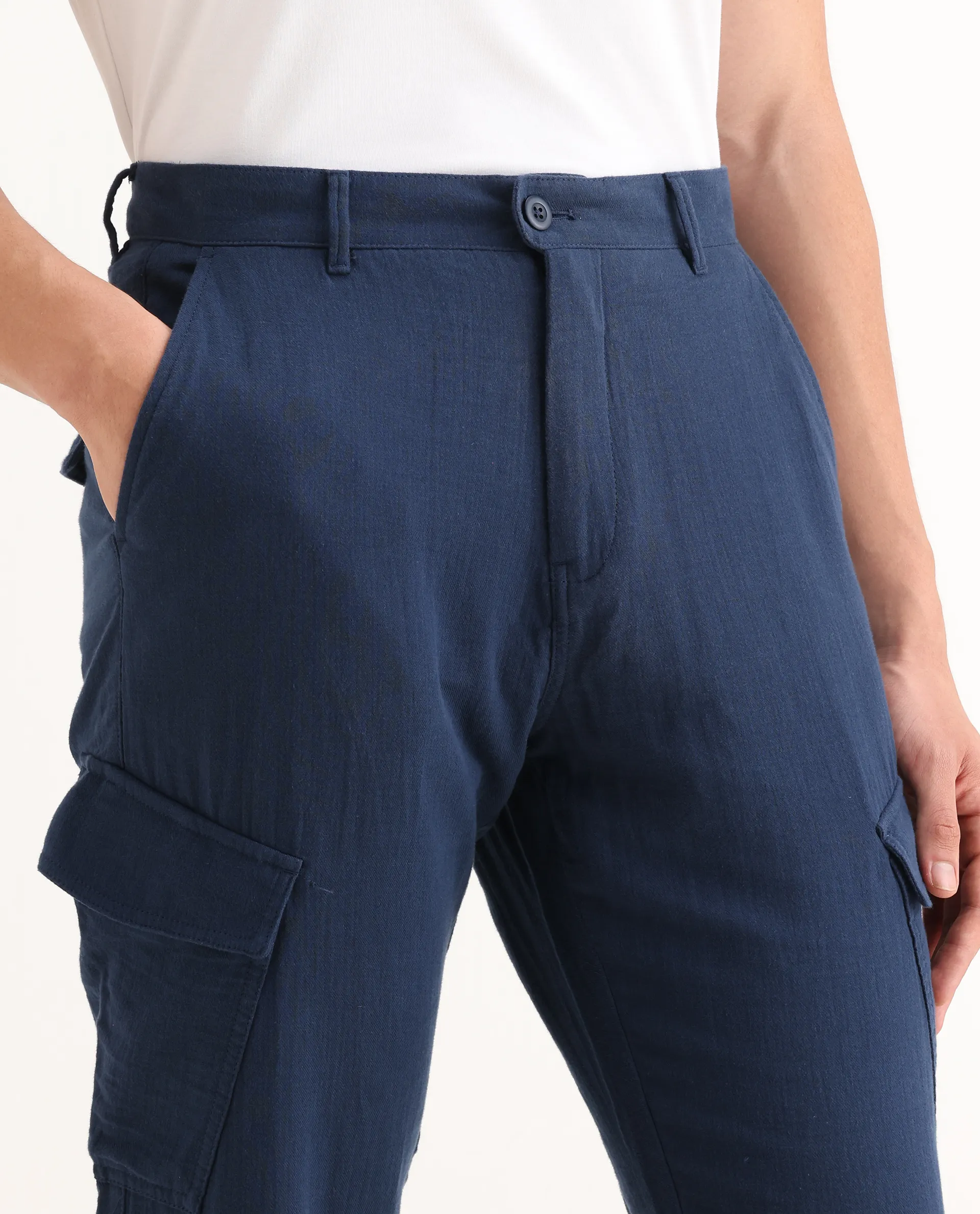 Rare Rabbit Men's Presso-25 Dusky Blue Cotton Blend Plain Relaxed Fit Trouser - Image 3
