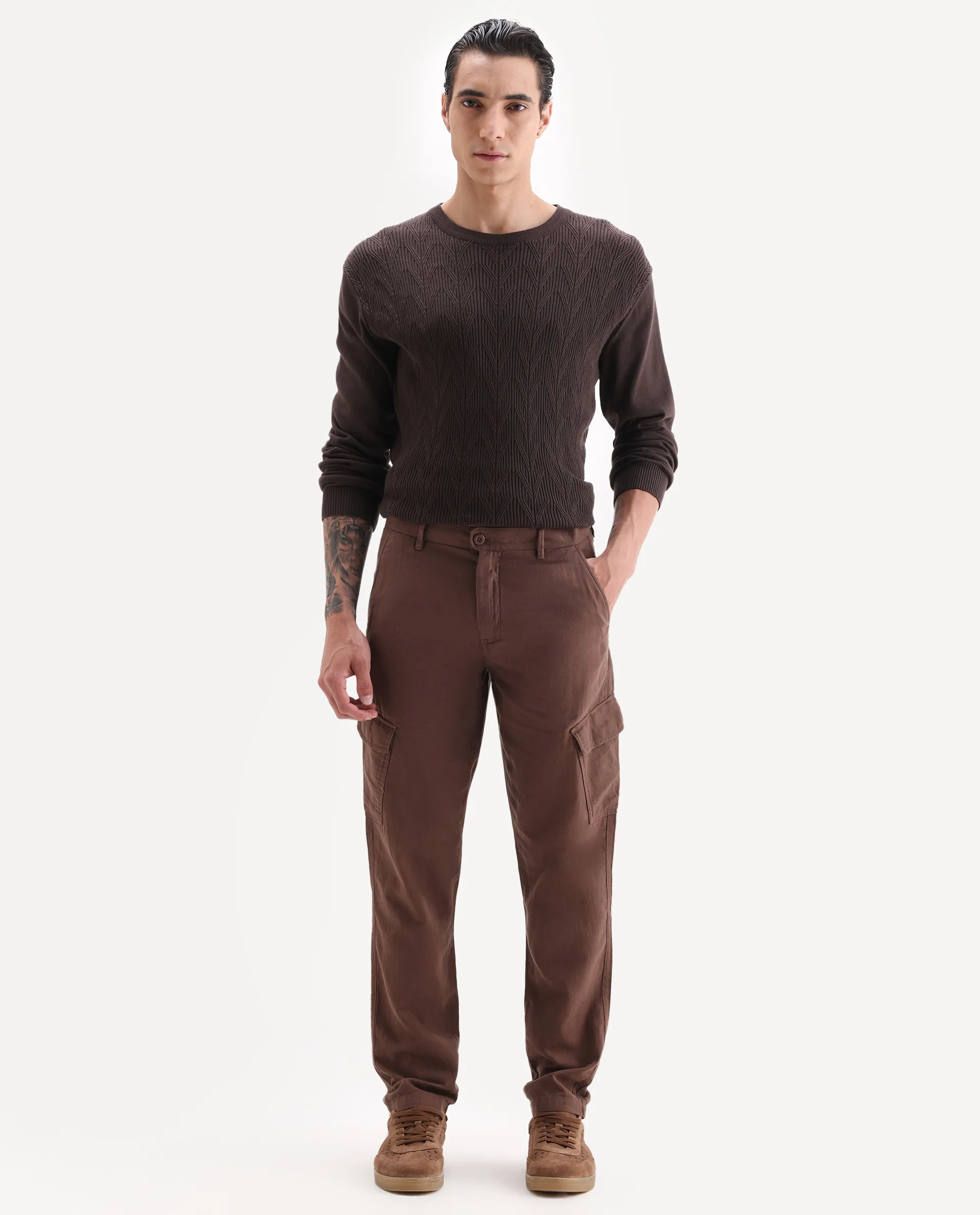 Rare Rabbit Men's Presso 25 Dusky Brown Cotton Blend Plain Relaxed Fit Trouser - Image 7
