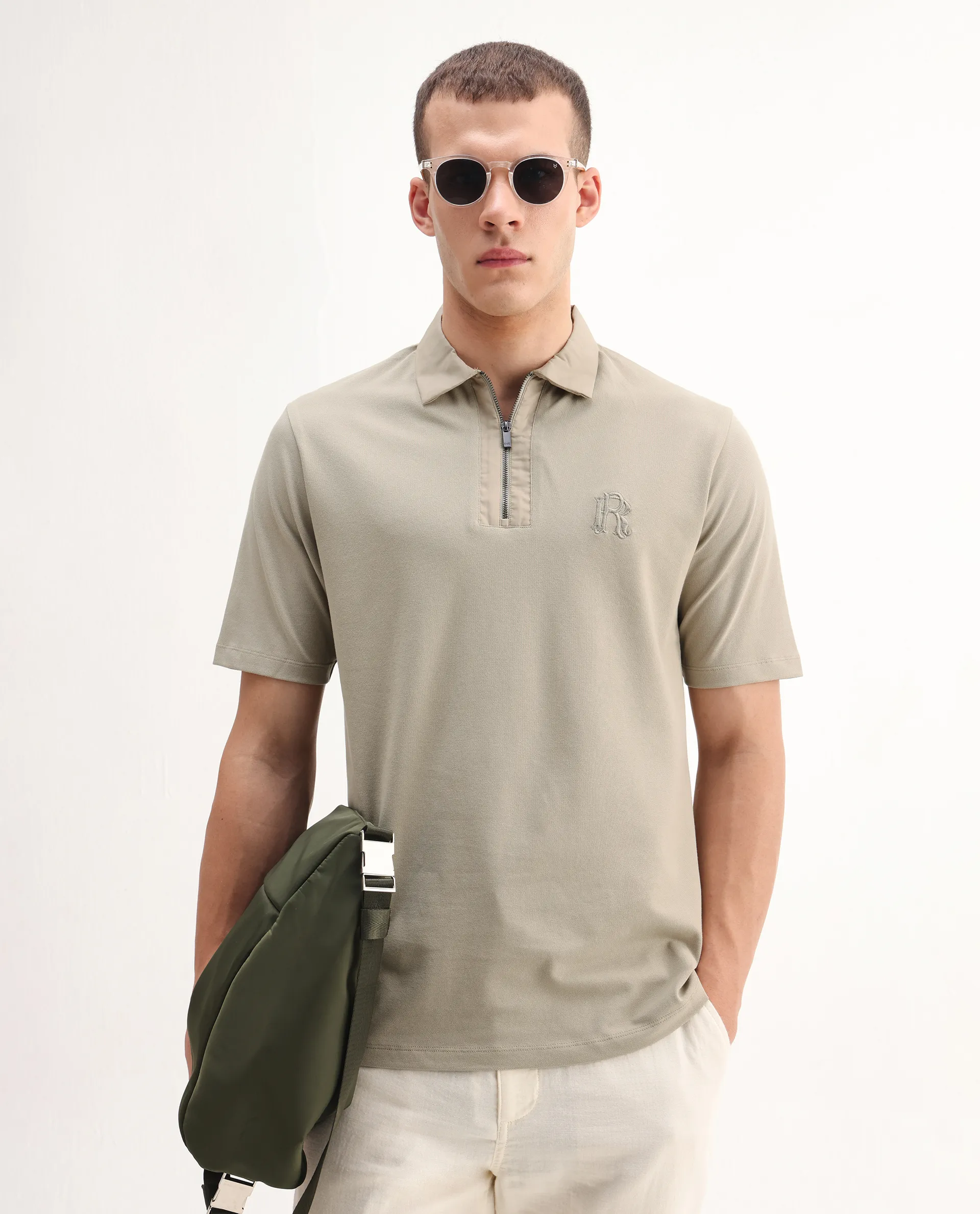 Rare Rabbit Men's Presto Pastel Green Cotton Embroidered Regular Fit Half Sleeve Polo
