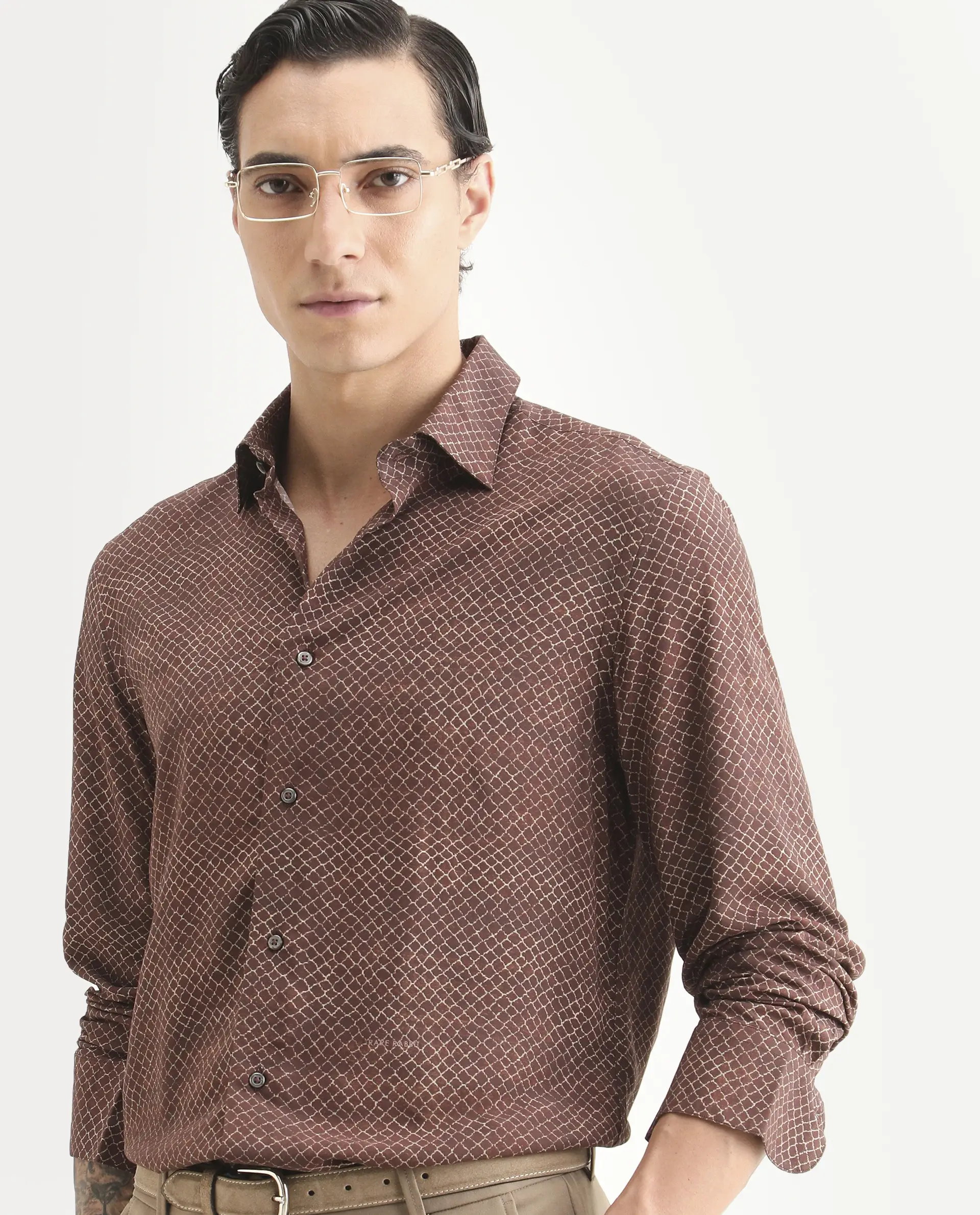 Rare Rabbit Men's Prit-L Brown Viscose Fabric Full Sleeve Spread Collar Regular Fit Geometric Print Shirt