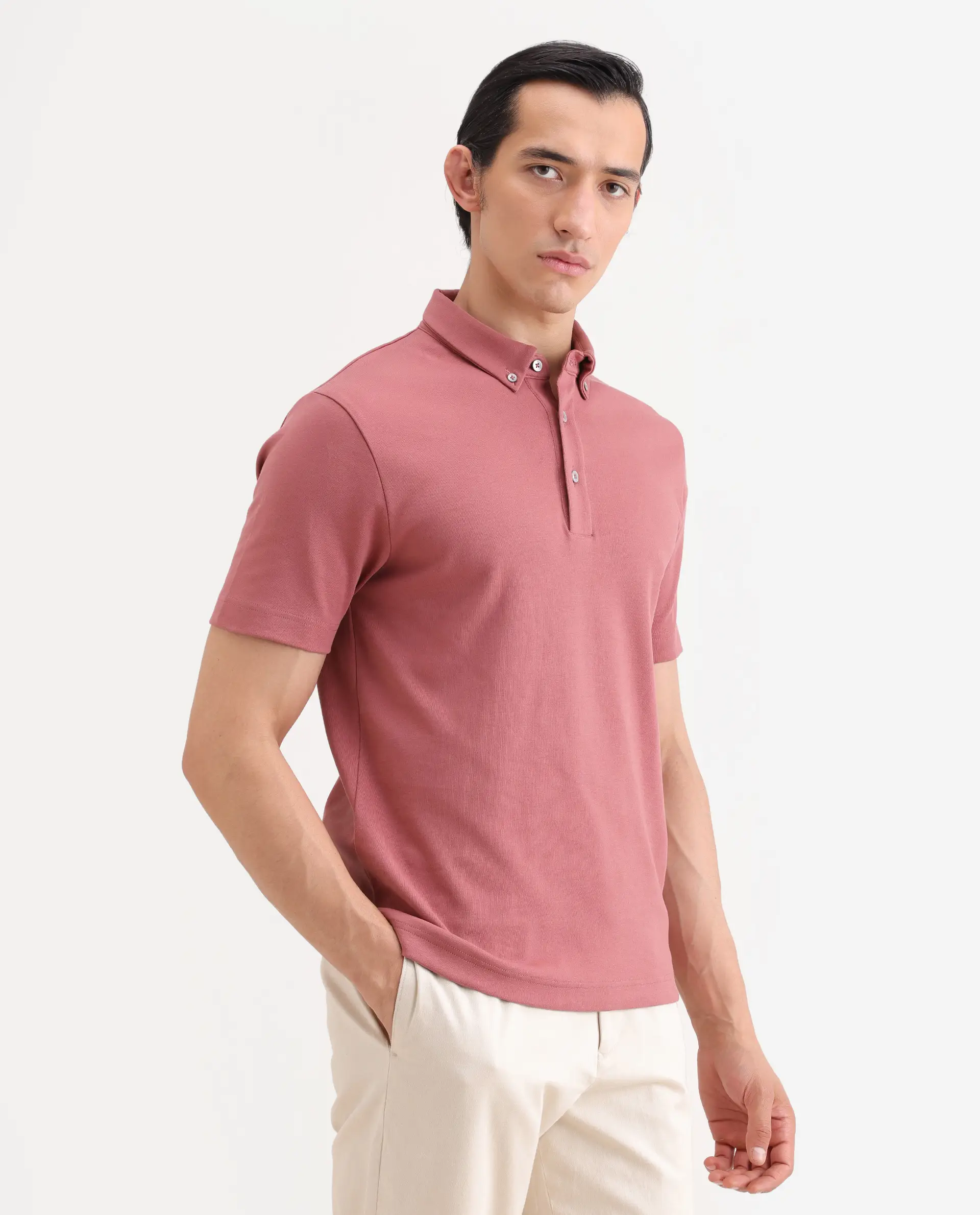 Rare Rabbit Men's Promp Dusky Pink Cotton Blend Fabric Half Sleeve Spread Collar Regular Fit Plain Polo - Image 6