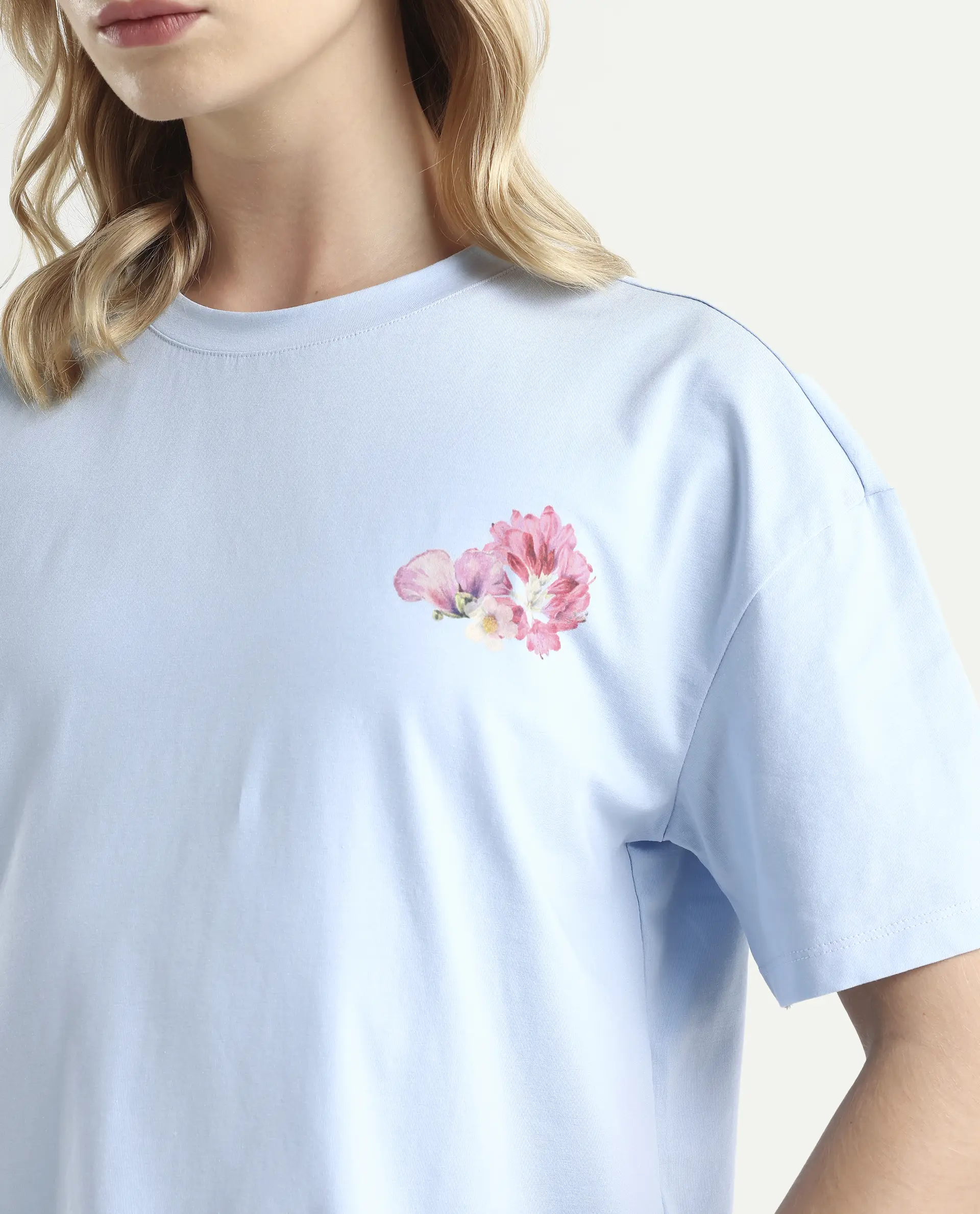 Rareism Women's Purpulent Light Blue Cotton Blend Crew Neck Graphic Print Boxy Fit T-Shirt