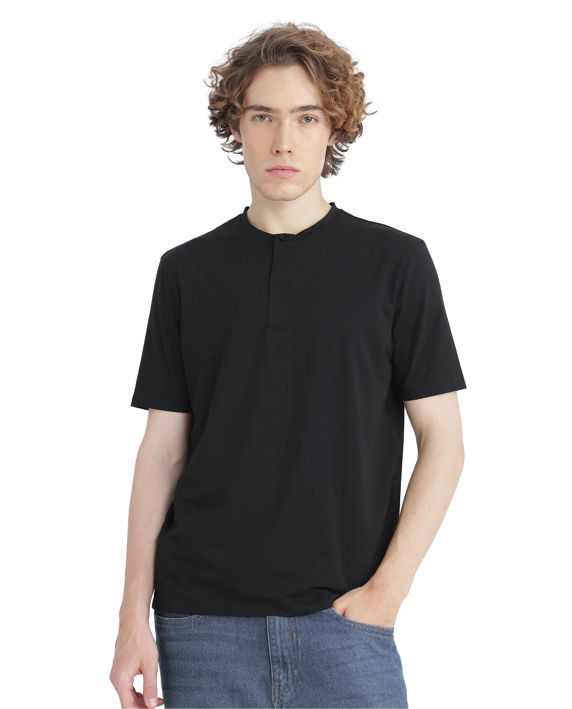 Rare Rabbit Men's Purt Black Cotton Plain Regular Fit Half Sleeve Crew Neck T-Shirt