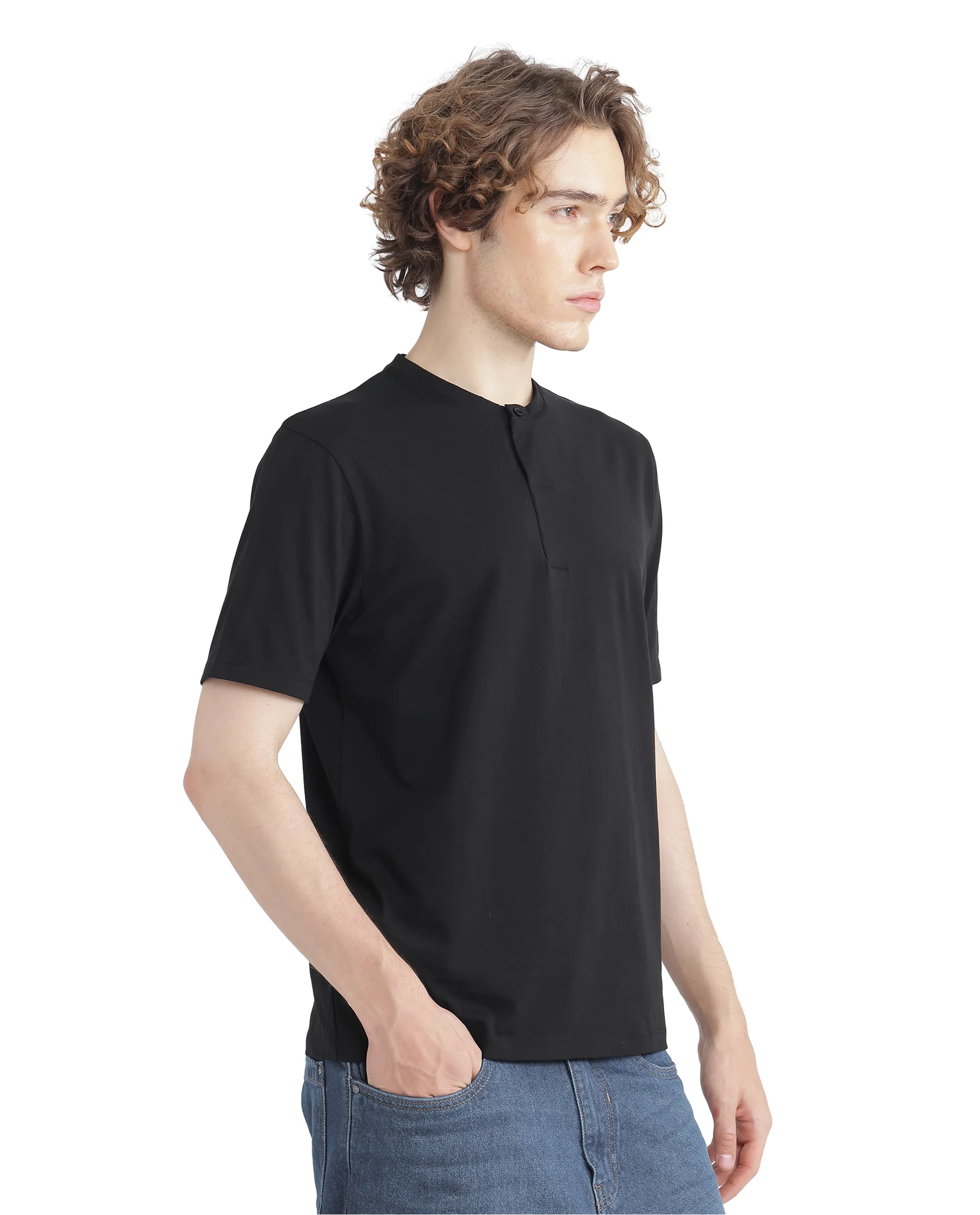 Rare Rabbit Men's Purt Black Cotton Plain Regular Fit Half Sleeve Crew Neck T-Shirt - Image 7