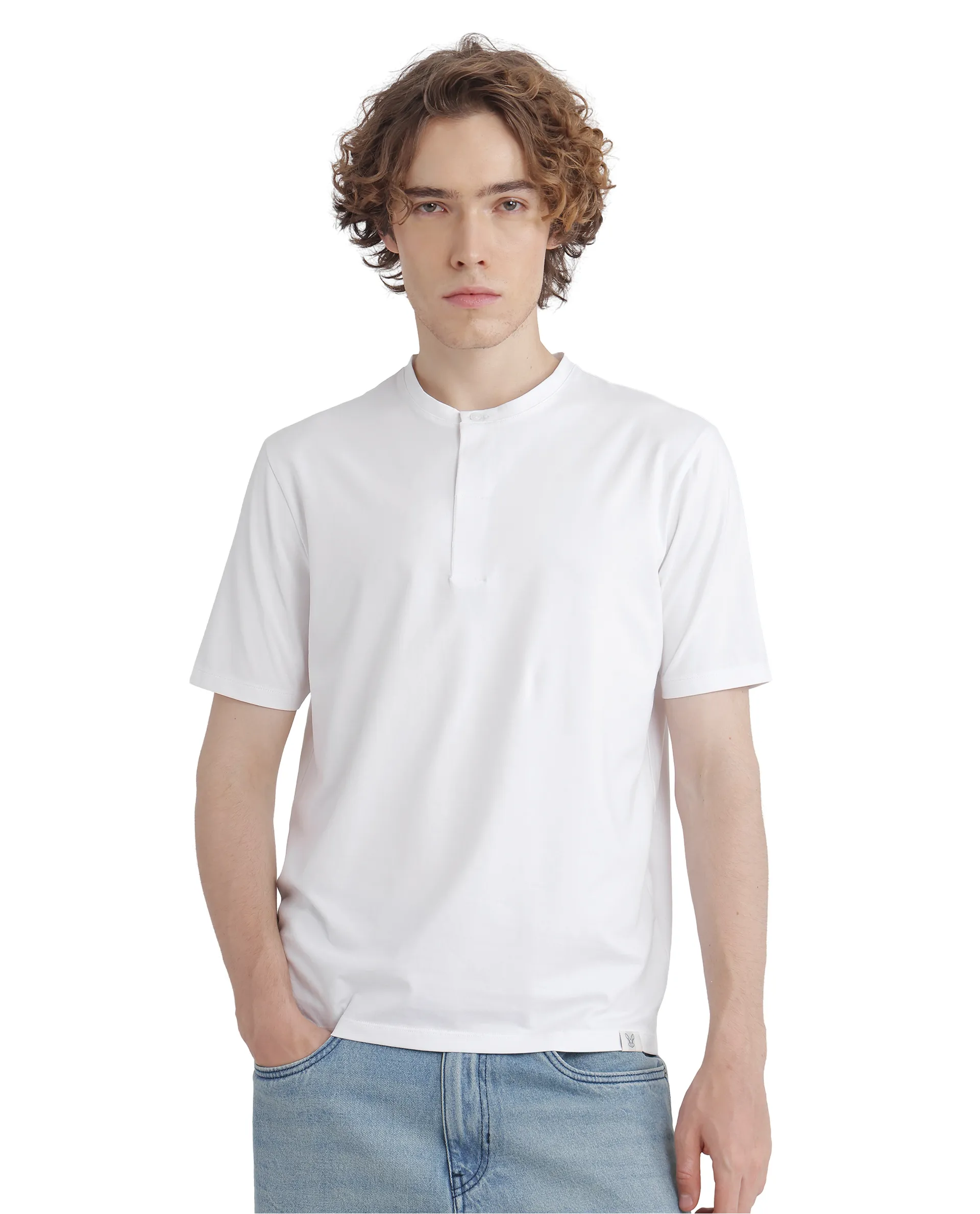Rare Rabbit Men's Purt White Cotton Plain Regular Fit Half Sleeve Crew Neck T-Shirt - Image 2