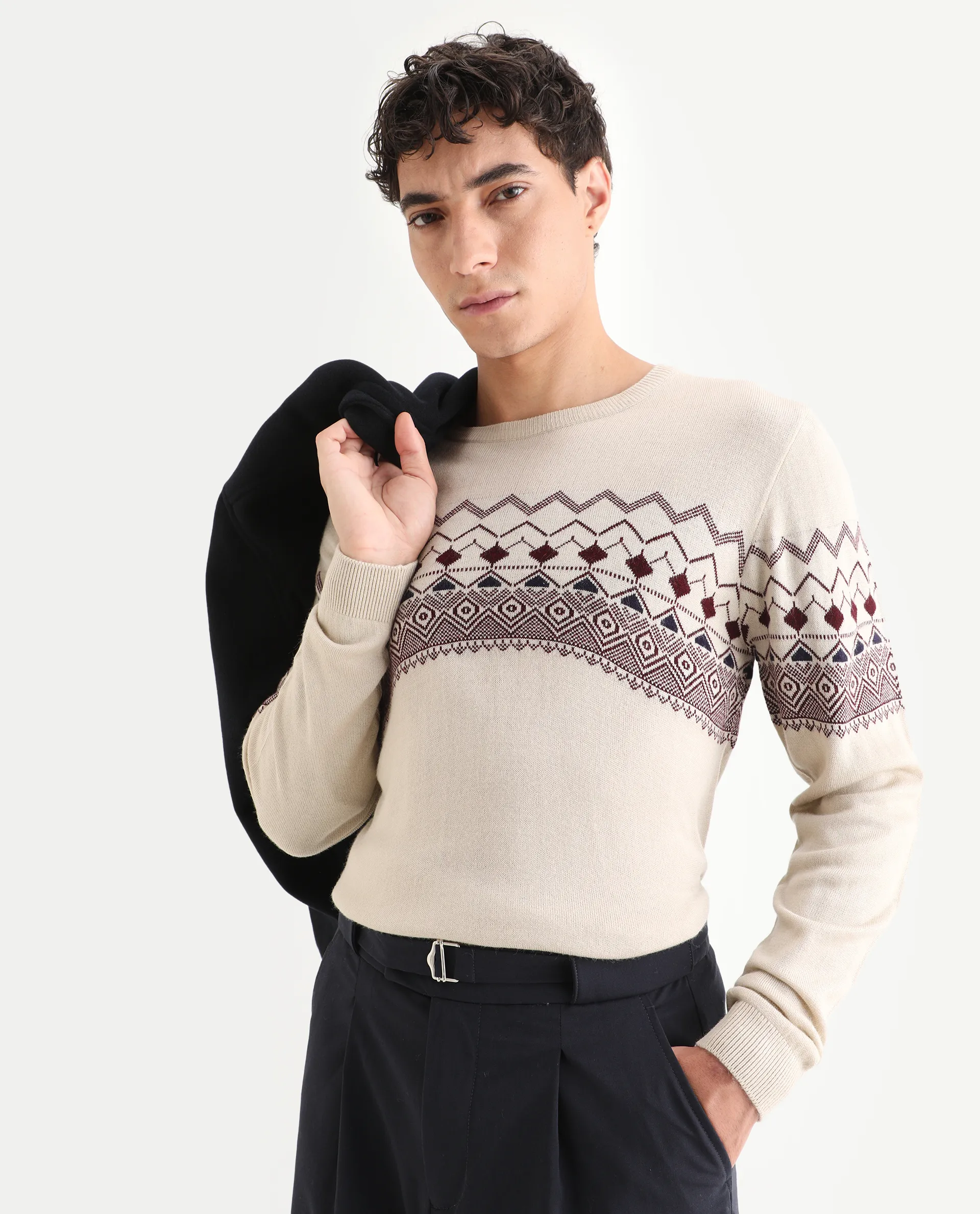 Rare Rabbit Men's Puzzle Off White Acrylic Abstract Print Relaxed Fit Full Sleeve Crew Neck Sweater
