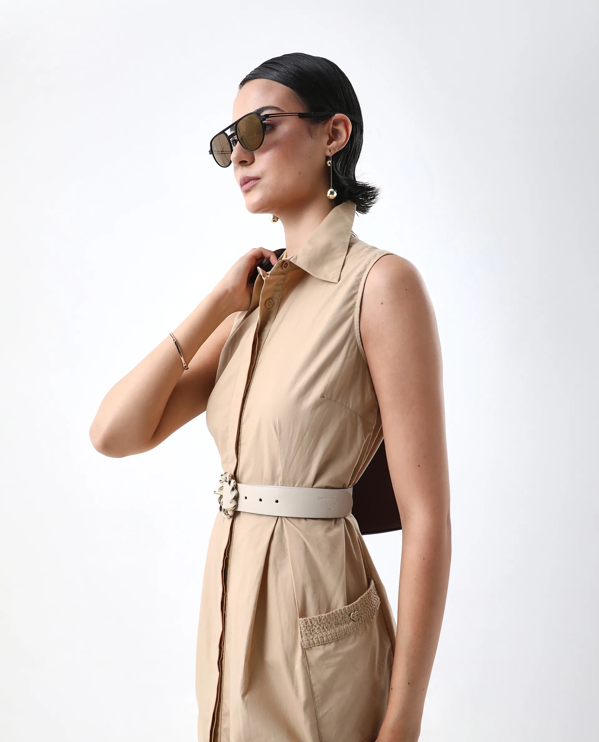 Rareism Women's Qba Light Sand Cotton Drop Collar Plain Sleeveless Midi A-Line Dress