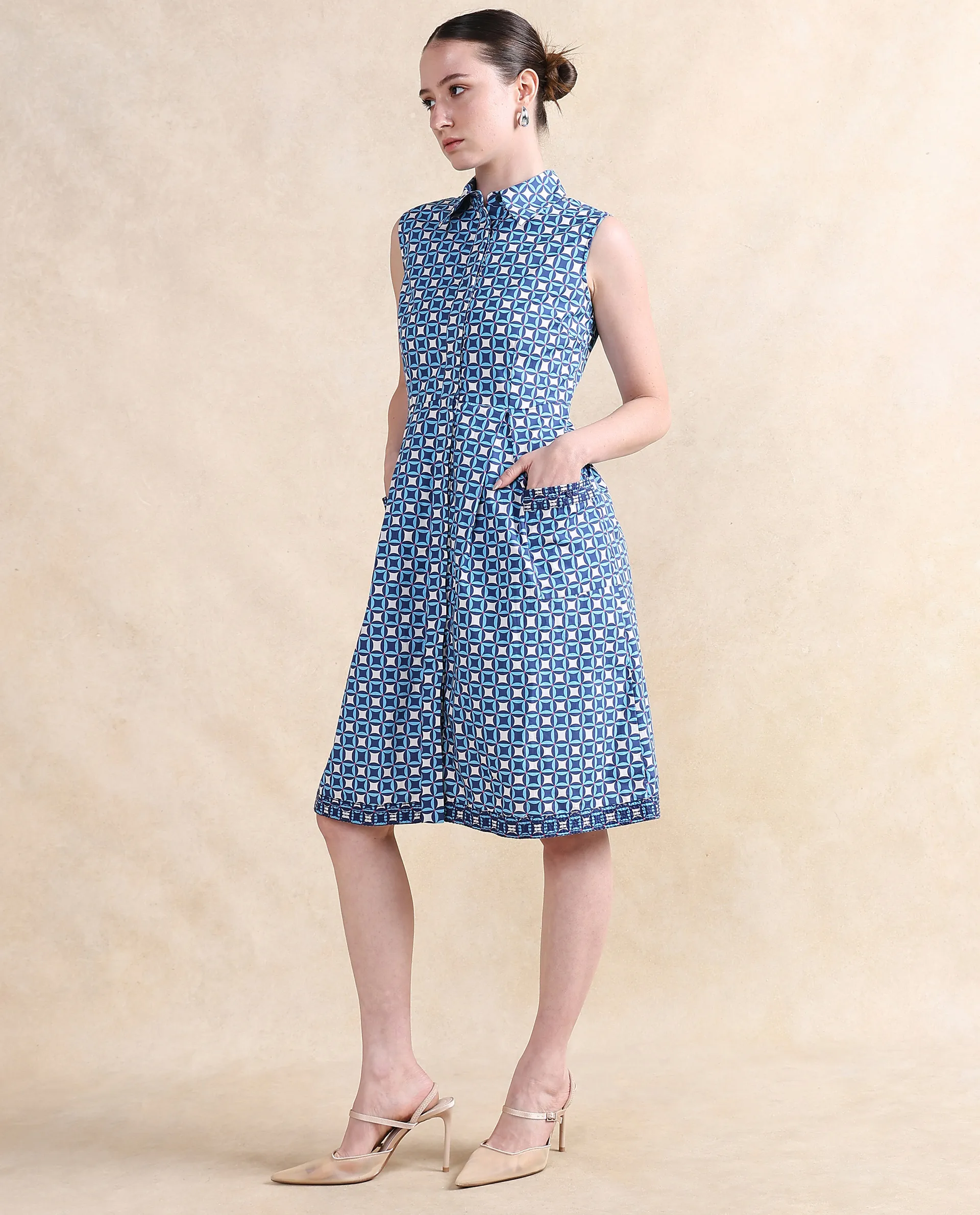 Rareism Women's Qban Multi Cotton Drop Collar Geometric Print Sleeveless Knee Length A-Line Dress - Image 4
