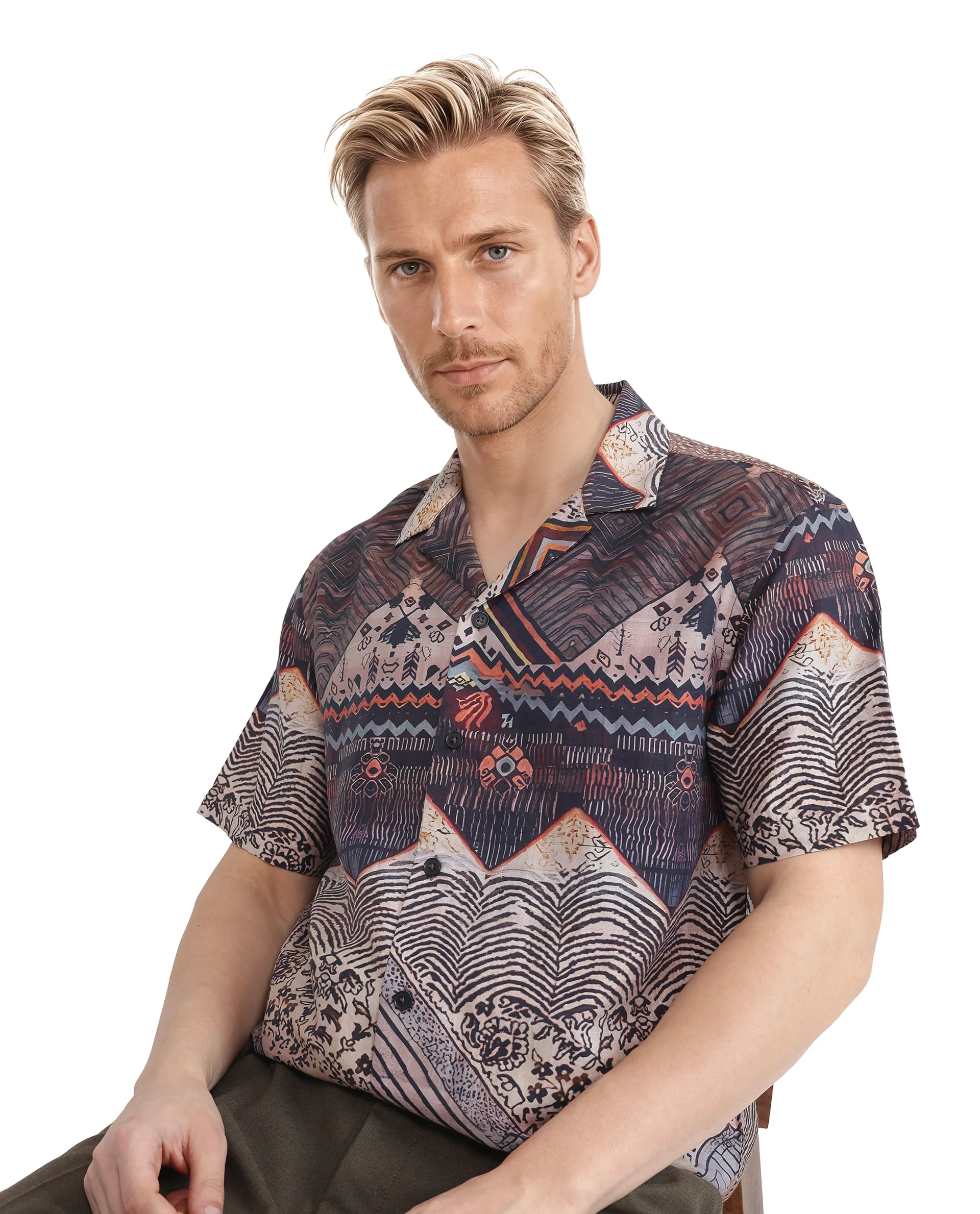 Rare Rabbit Men's Quem Dark Brown Tencel Blend Abstract Print Boxy Fit Half Sleeve Cuban Collar Shirt