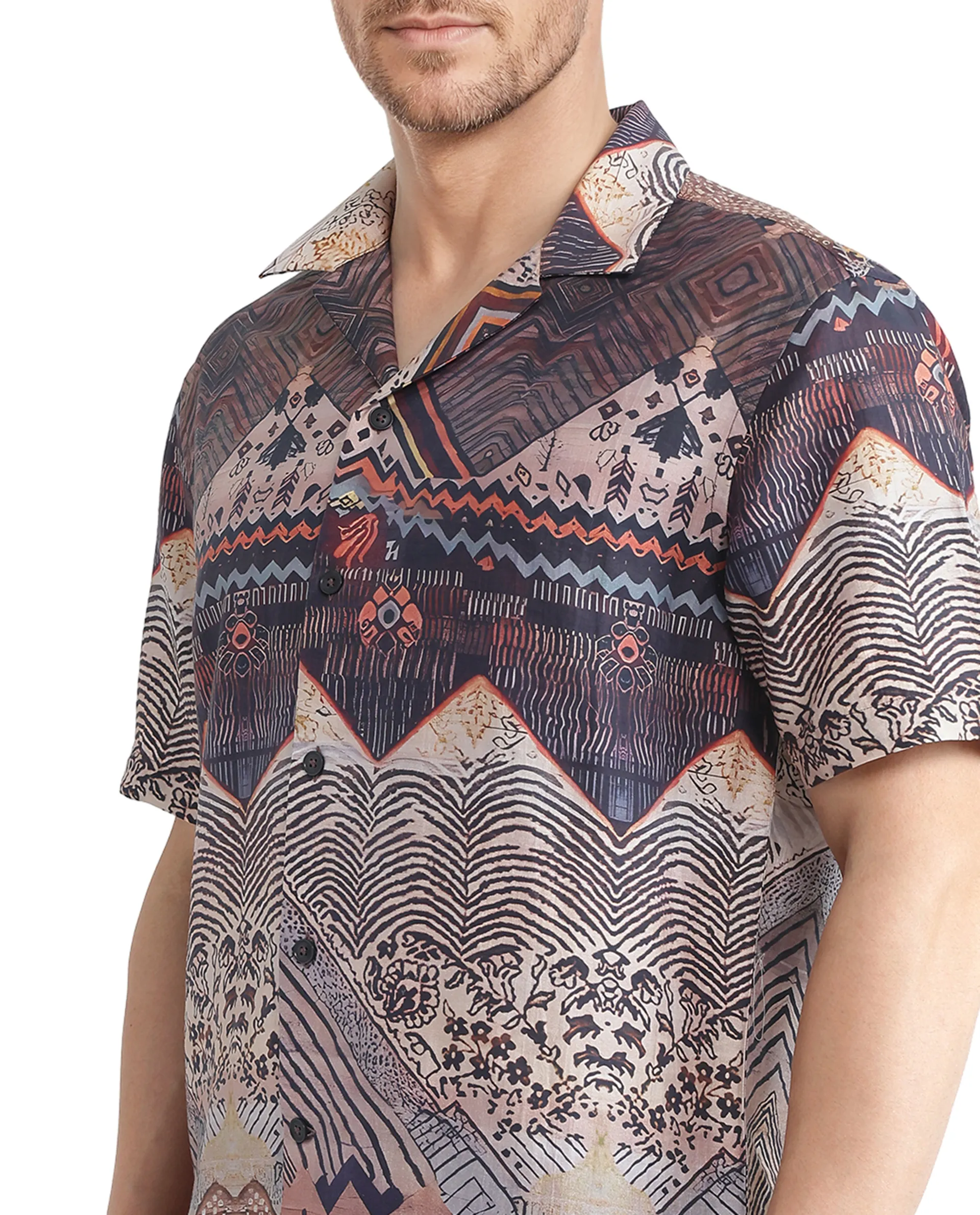 Rare Rabbit Men's Quem Dark Brown Tencel Blend Abstract Print Boxy Fit Half Sleeve Cuban Collar Shirt - Image 2