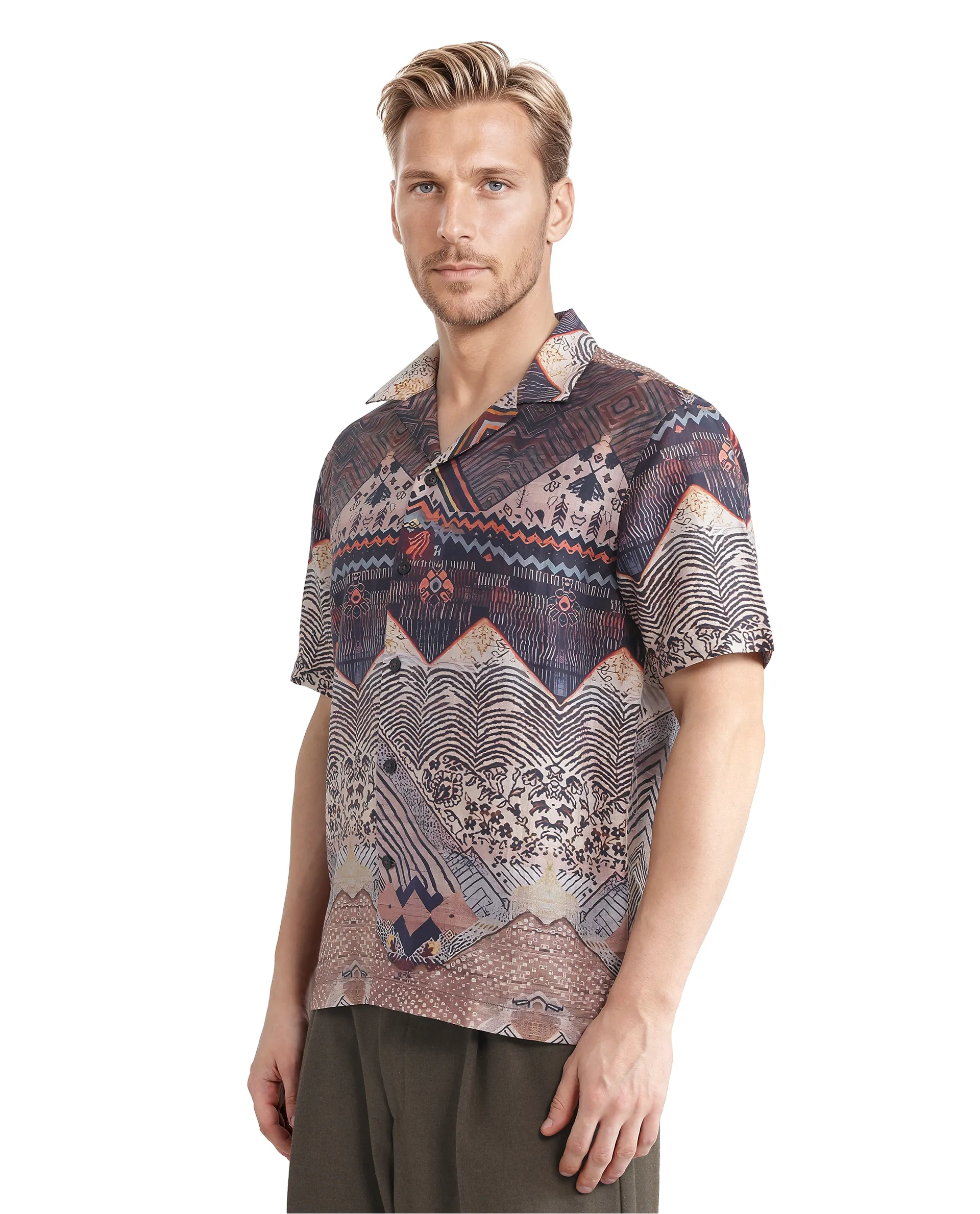 Rare Rabbit Men's Quem Dark Brown Tencel Blend Abstract Print Boxy Fit Half Sleeve Cuban Collar Shirt - Image 3
