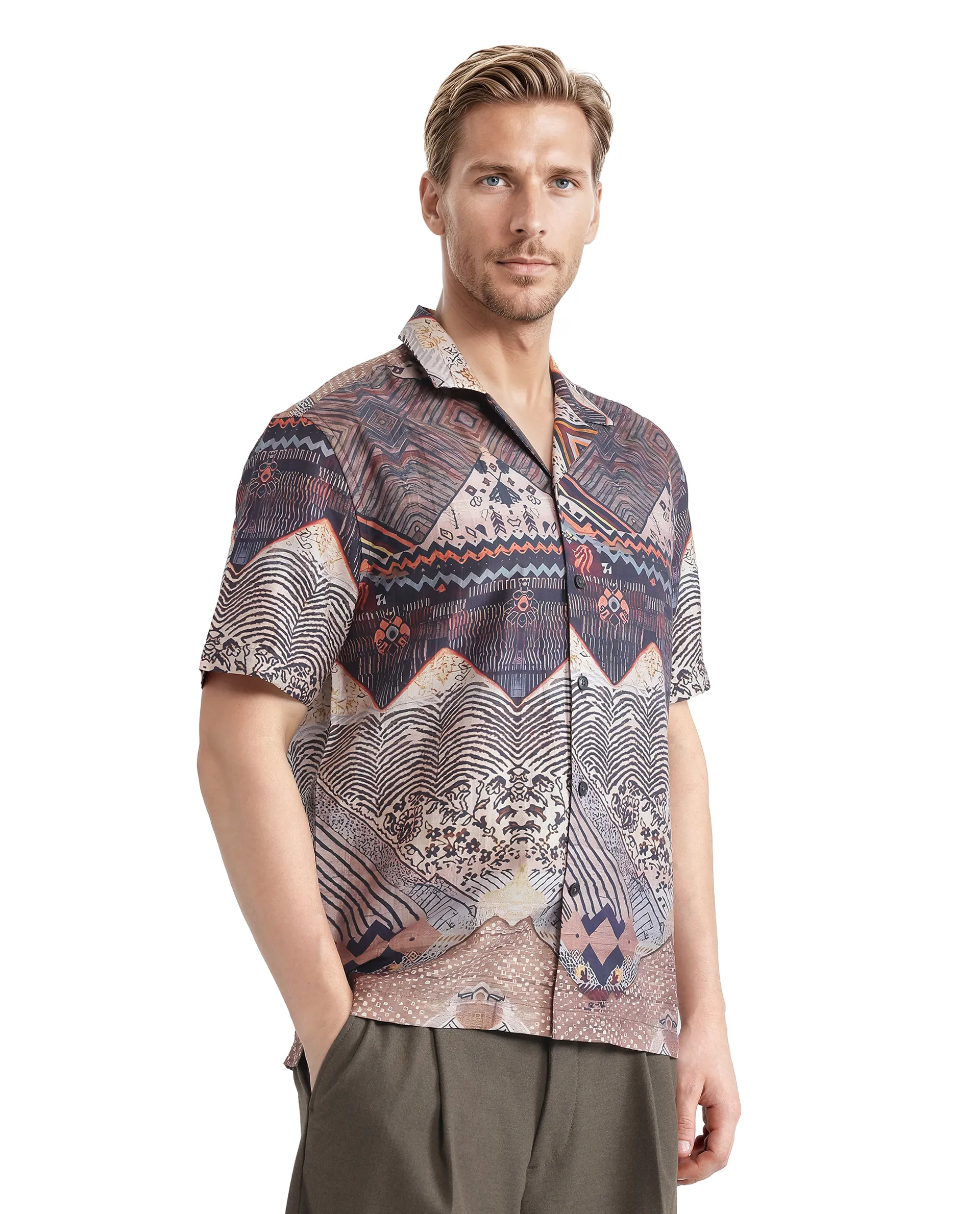 Rare Rabbit Men's Quem Dark Brown Tencel Blend Abstract Print Boxy Fit Half Sleeve Cuban Collar Shirt - Image 4