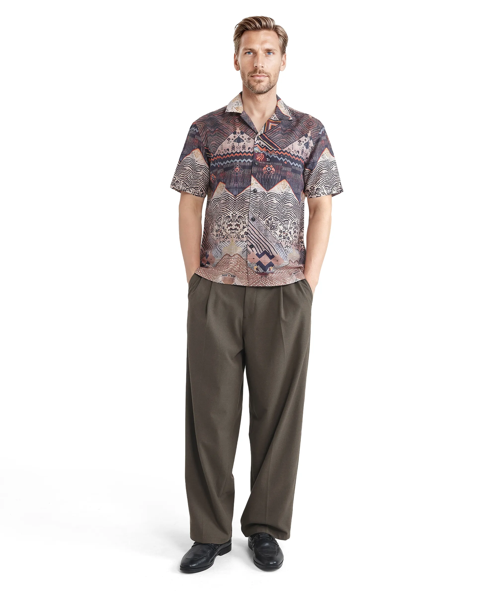 Rare Rabbit Men's Quem Dark Brown Tencel Blend Abstract Print Boxy Fit Half Sleeve Cuban Collar Shirt - Image 5