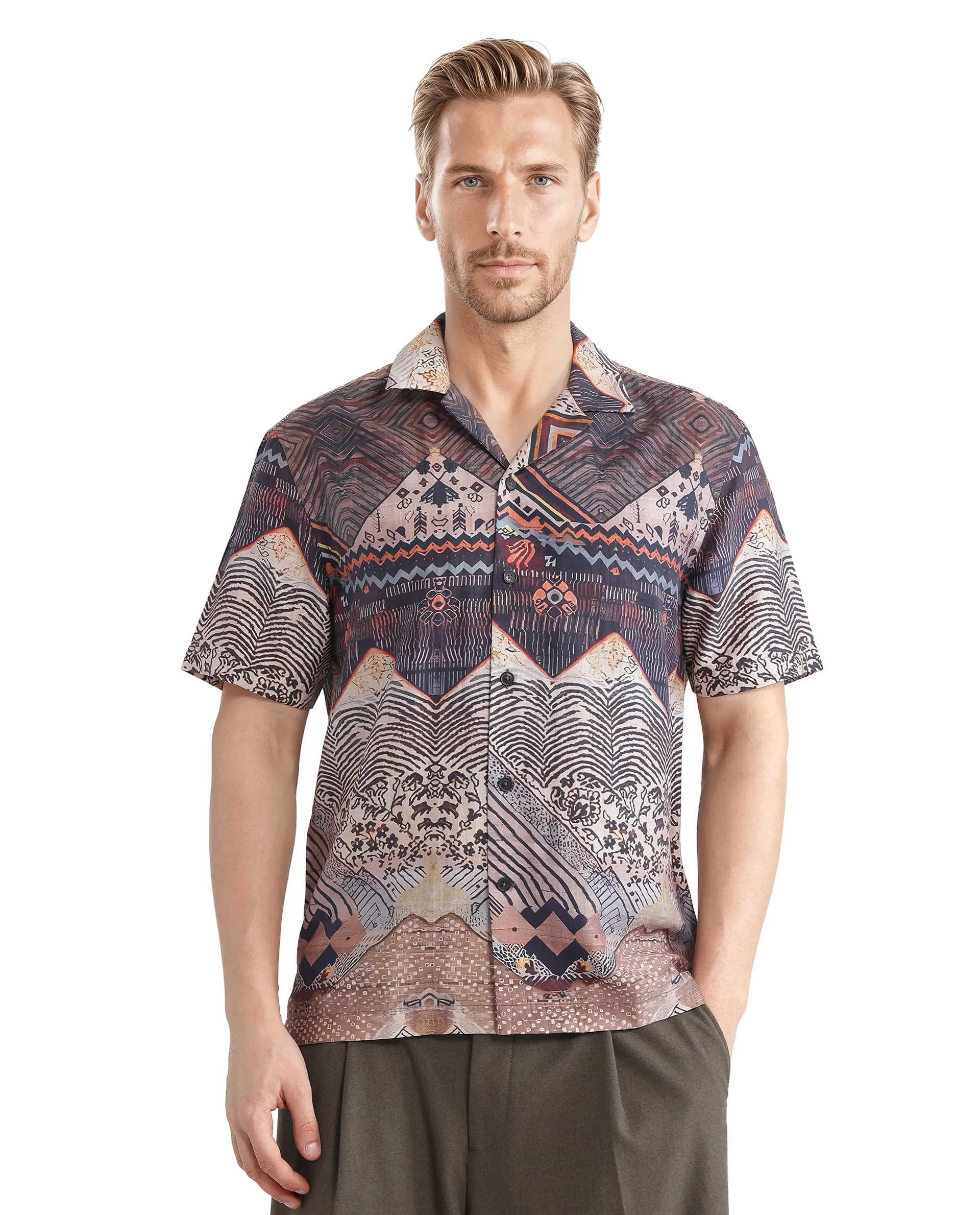 Rare Rabbit Men's Quem Dark Brown Tencel Blend Abstract Print Boxy Fit Half Sleeve Cuban Collar Shirt - Image 7