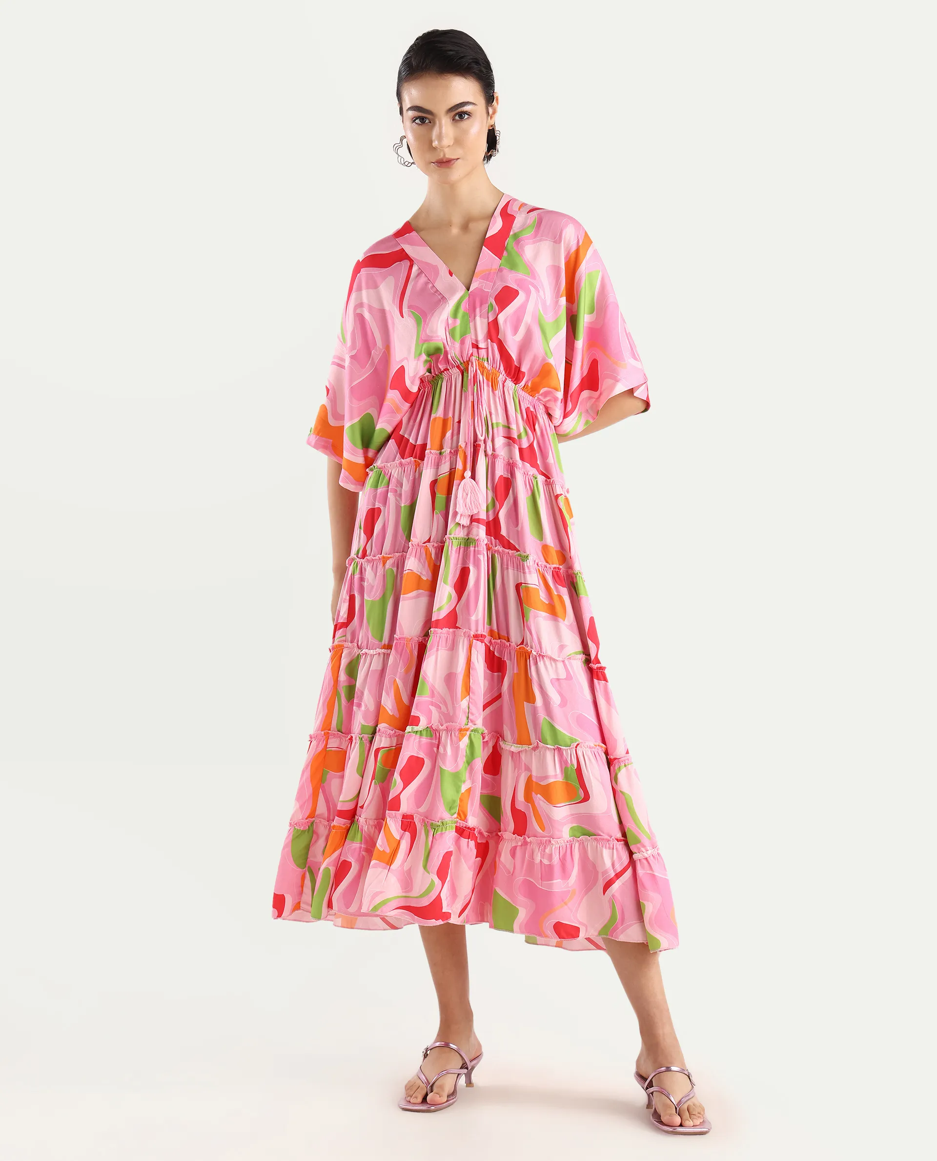 Rareism Women's Quil Pastel Multi Cotton Blend V-Neck Abstract Print Extended Sleeves Midi Fit And Flare Dress - Image 3