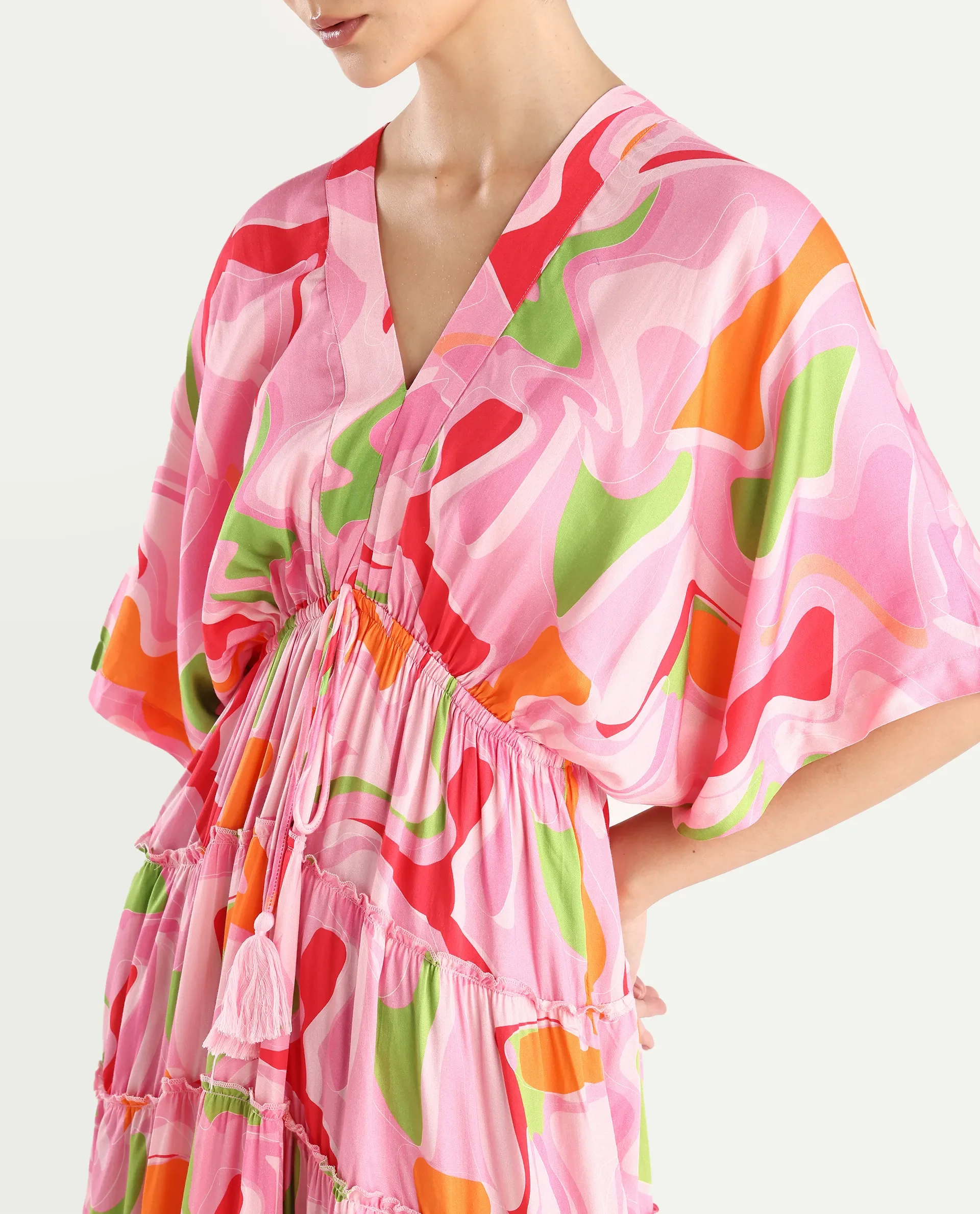 Rareism Women's Quil Pastel Multi Cotton Blend V-Neck Abstract Print Extended Sleeves Midi Fit And Flare Dress - Image 4
