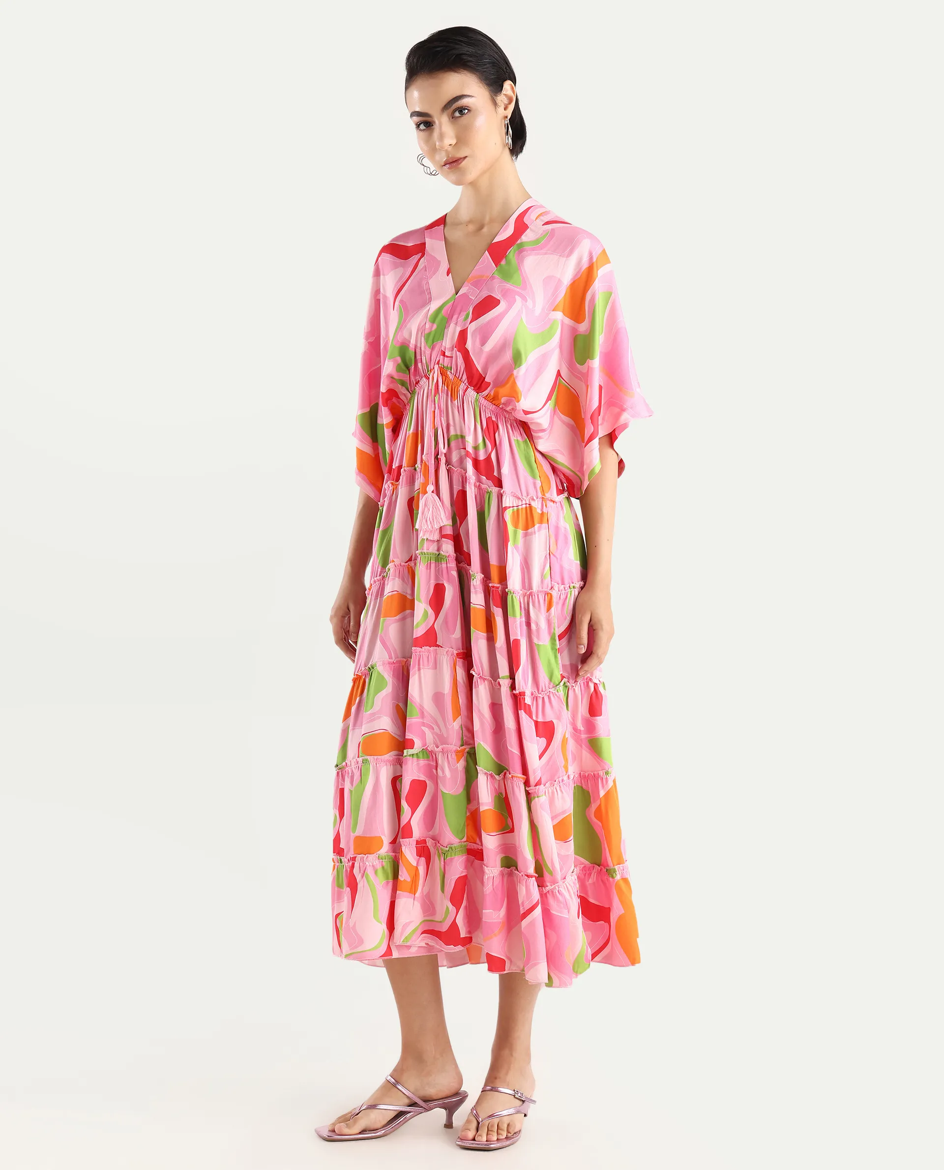 Rareism Women's Quil Pastel Multi Cotton Blend V-Neck Abstract Print Extended Sleeves Midi Fit And Flare Dress - Image 5