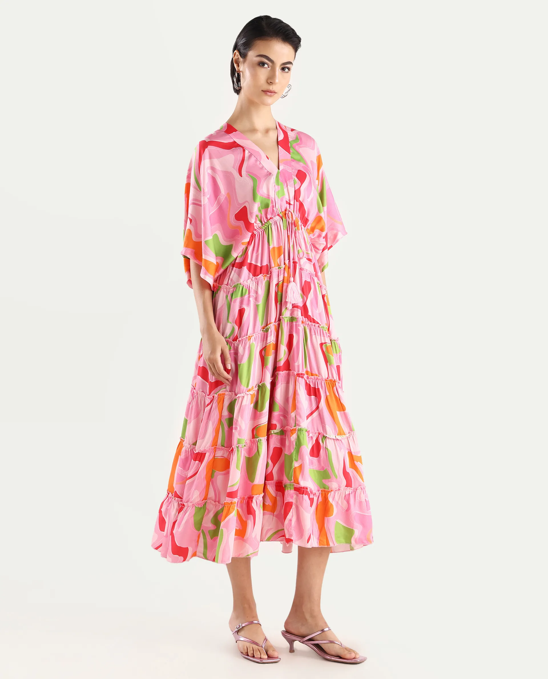 Rareism Women's Quil Pastel Multi Cotton Blend V-Neck Abstract Print Extended Sleeves Midi Fit And Flare Dress - Image 6