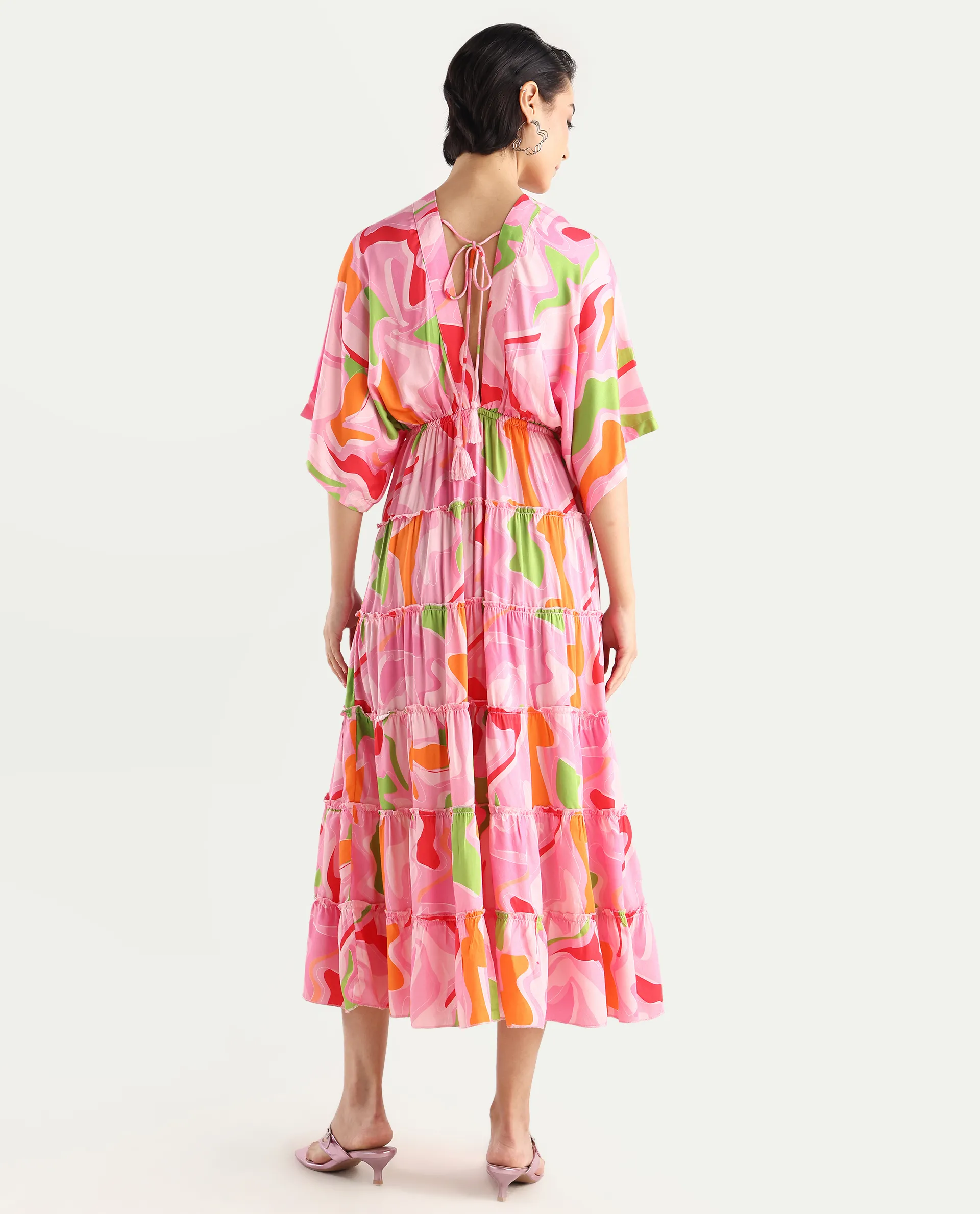 Rareism Women's Quil Pastel Multi Cotton Blend V-Neck Abstract Print Extended Sleeves Midi Fit And Flare Dress - Image 7