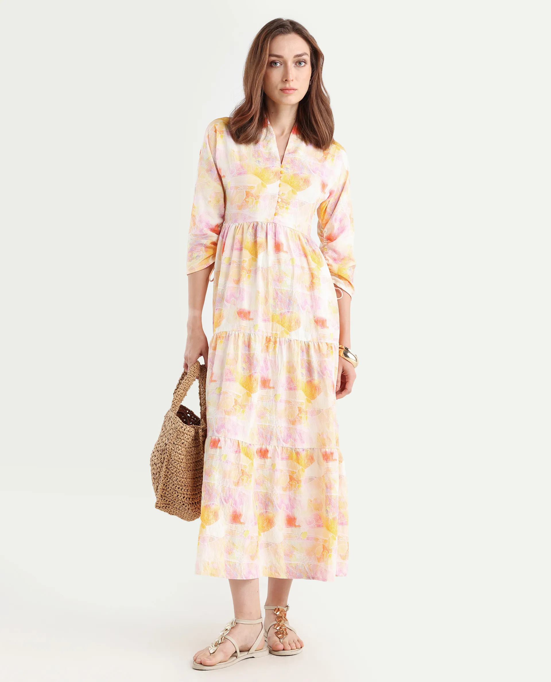 Rareism Women's Qurobi Pastel Multi Nylon Blend Built-Up Neck Abstract Print Kimono Sleeve Maxi Fit And Flare Dress